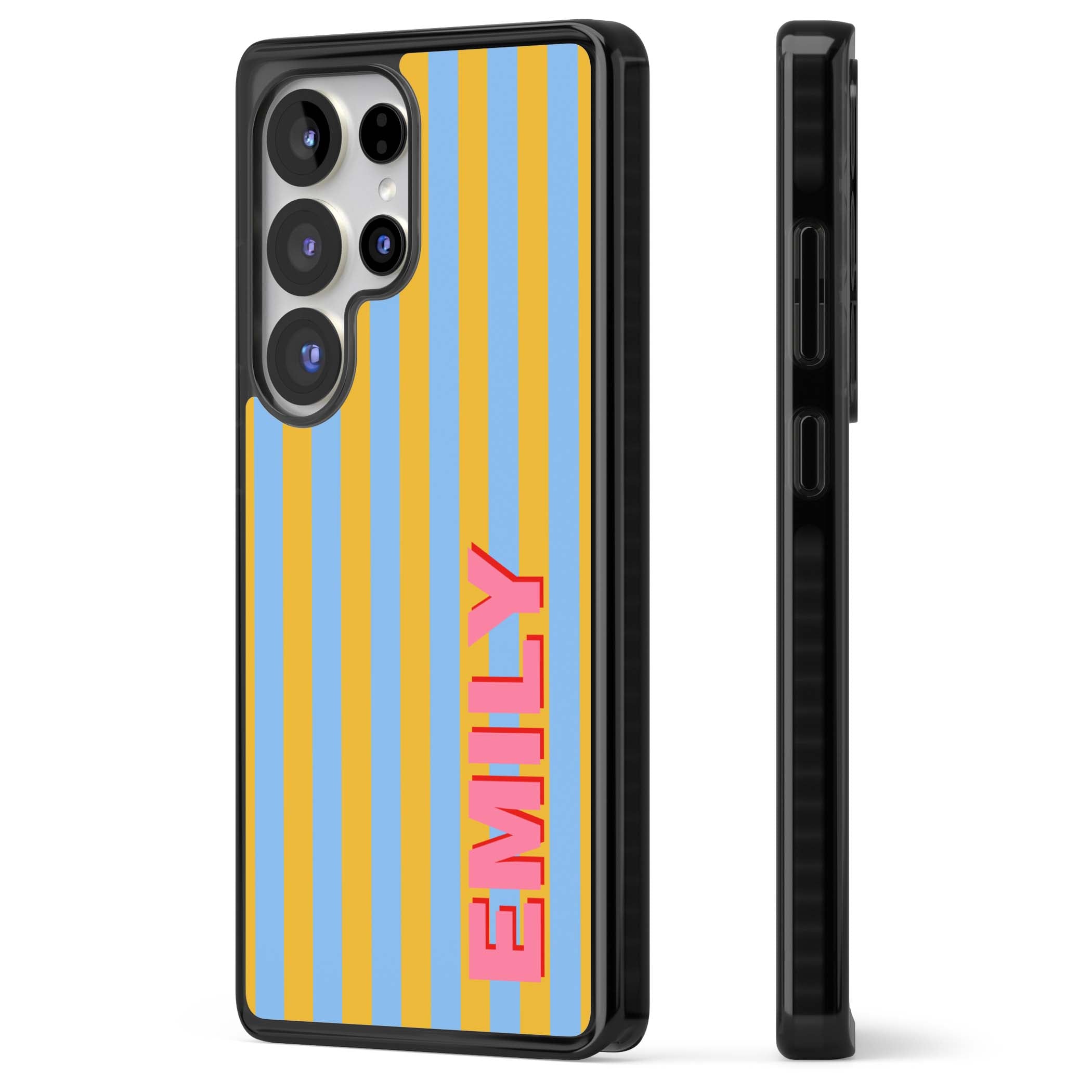 Carribean Stripe personalised coastal iPhone case with yellow and blue vertical stripes and a custom pink name | Black Impact case for Samsung Galaxy S25 Ultra