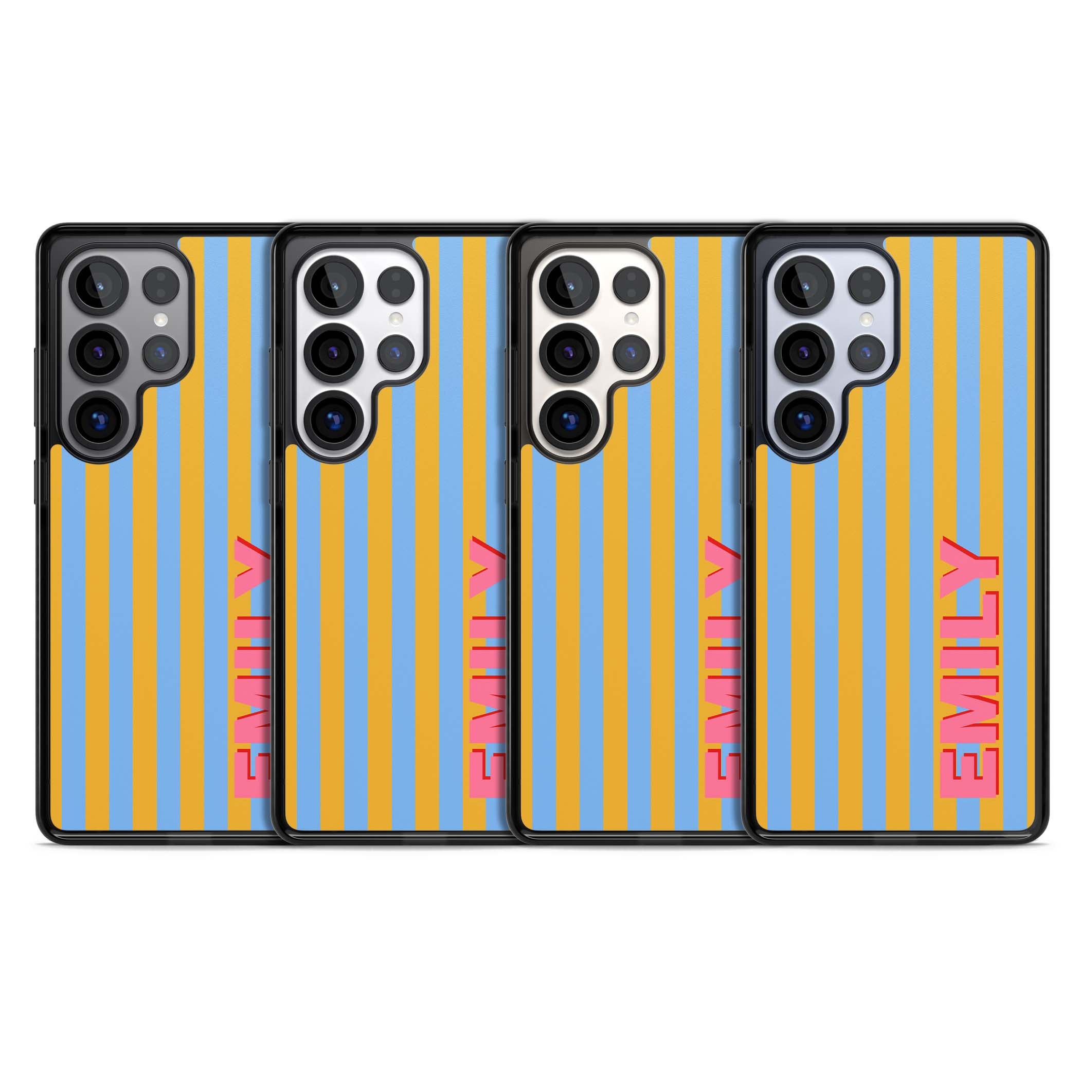 Carribean Stripe personalised coastal iPhone case with yellow and blue vertical stripes and a custom pink name | Black Impact case for Samsung Galaxy S25 Ultra