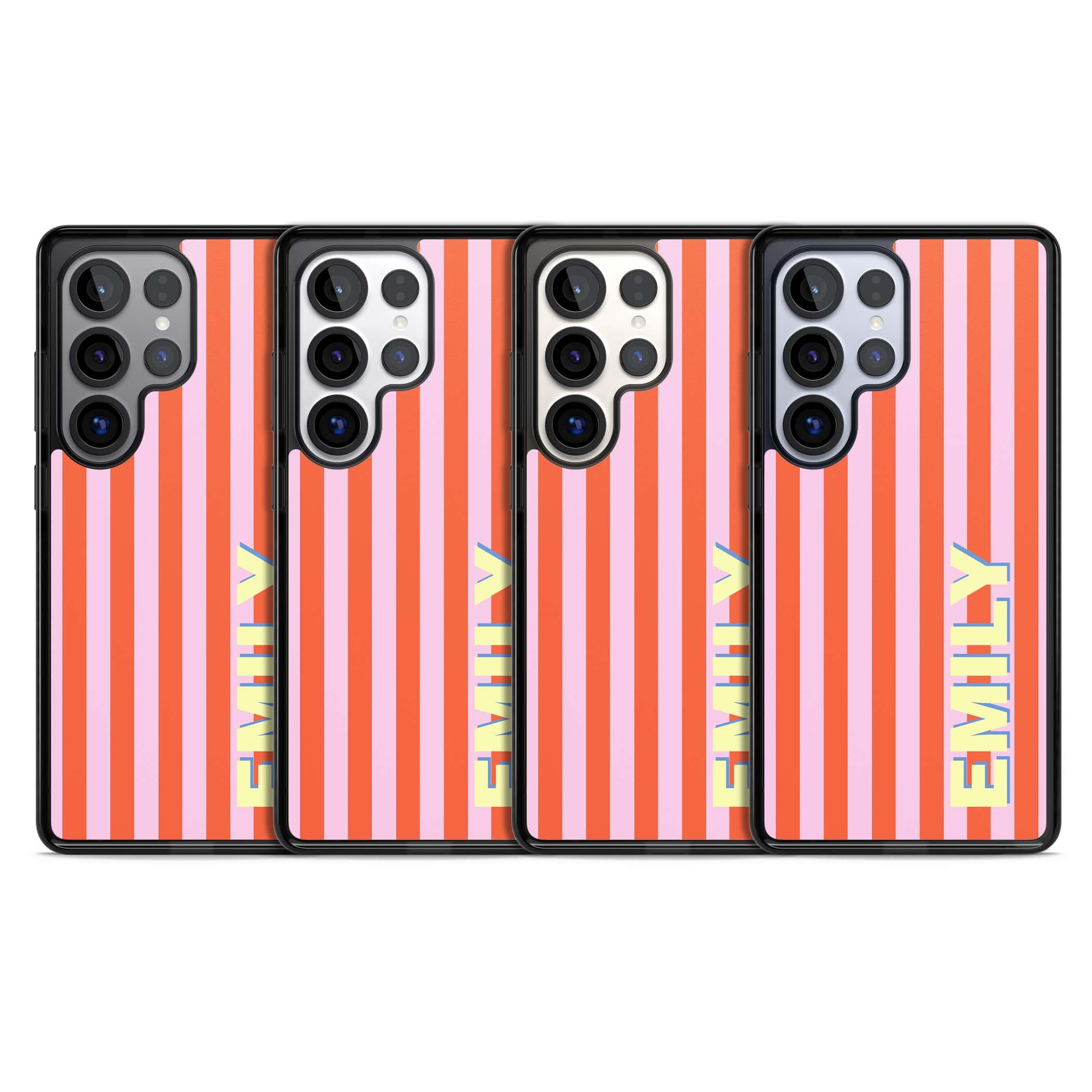 Havana Stripe personalised iPhone case featuring pink and orange vertical stripes with a custom yellow name | Black Impact case for Samsung Galaxy S25 Ultra