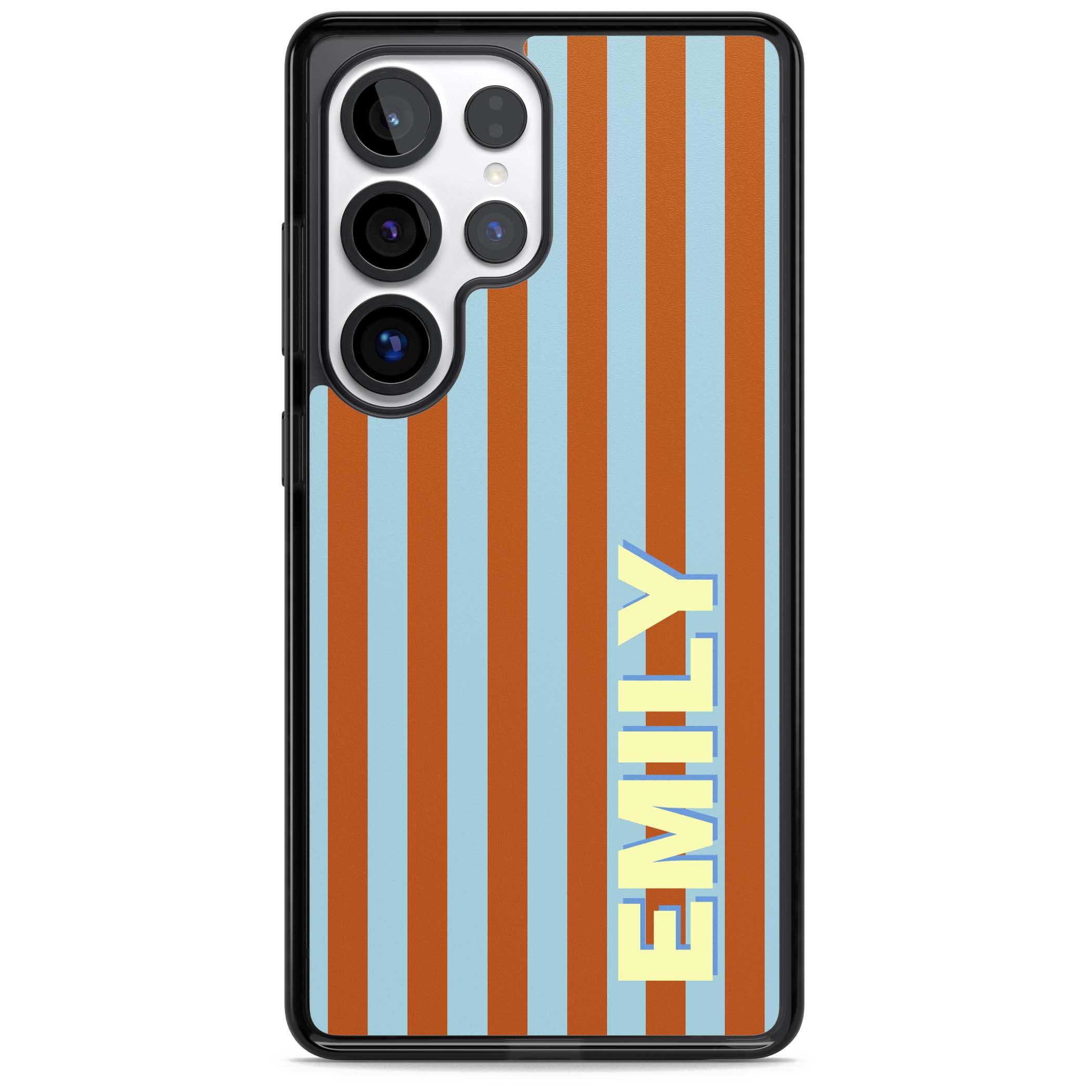Cappadocia Stripe personalised coastal iPhone case featuring blue and orange vertical stripes with custom cream name | Black Impact case for Samsung Galaxy S25 Ultra