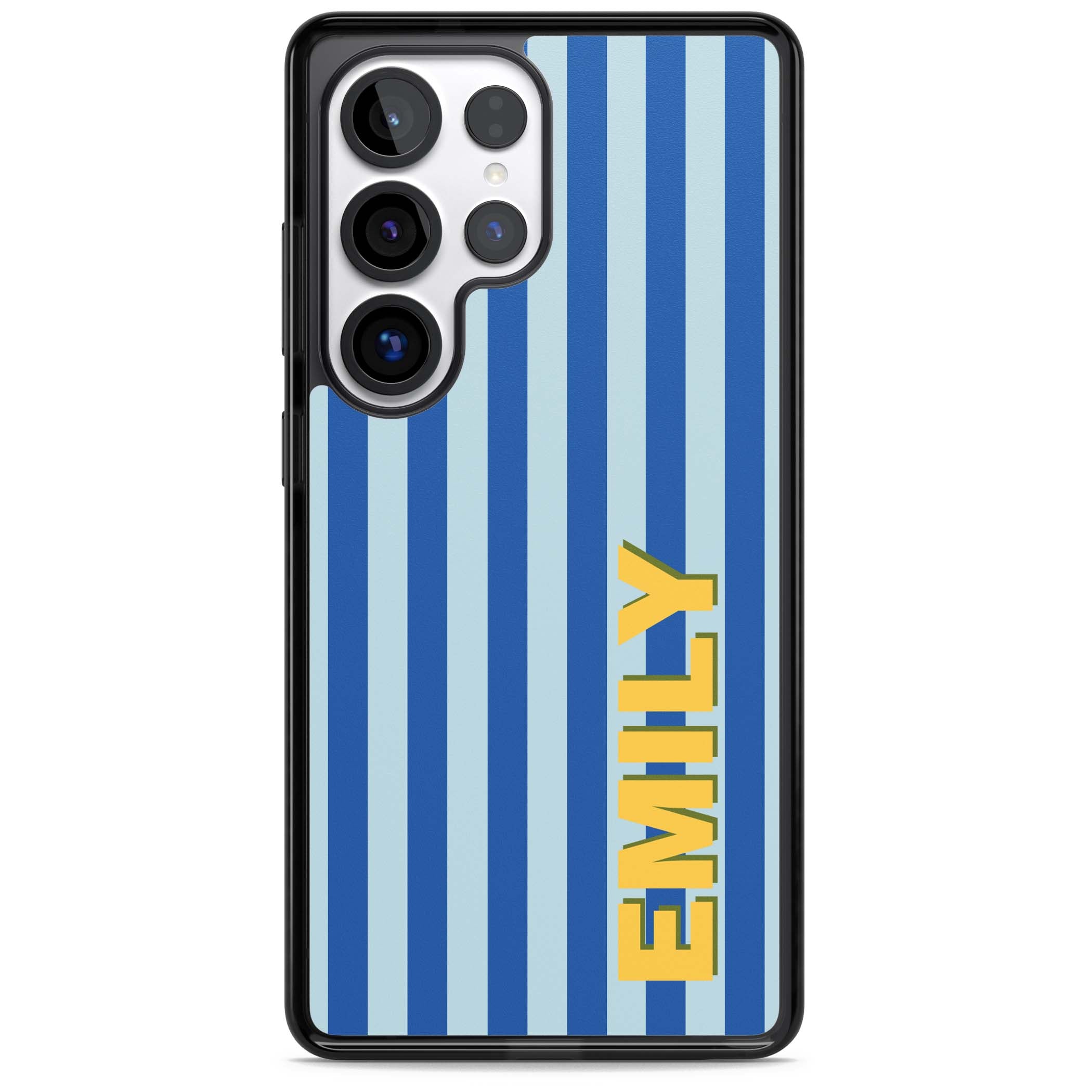Athenian Stripe personalised preppy iPhone case featuring blue vertical stripes and a custom yellow name | Black Impact case for Samsung Galaxy S25 Ultra