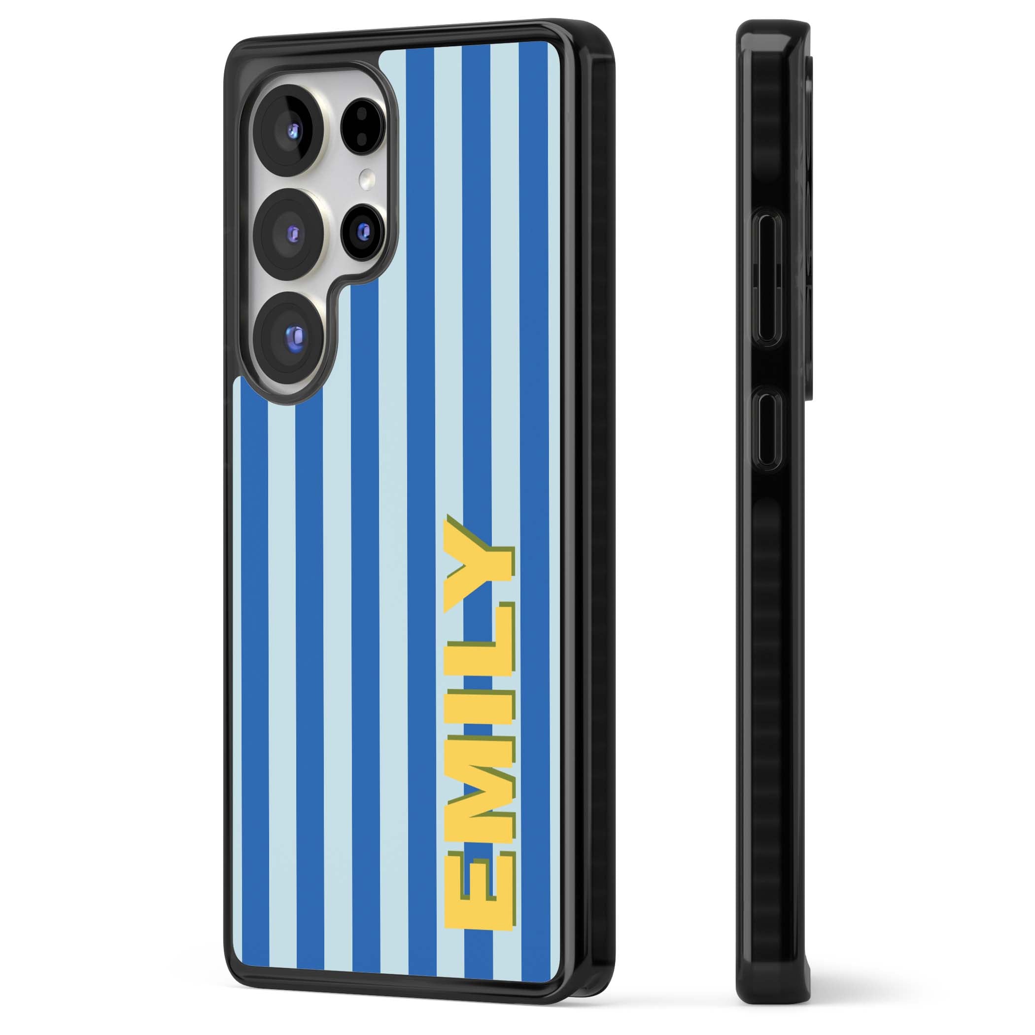 Athenian Stripe personalised preppy iPhone case featuring blue vertical stripes and a custom yellow name | Black Impact case for Samsung Galaxy S25 Ultra