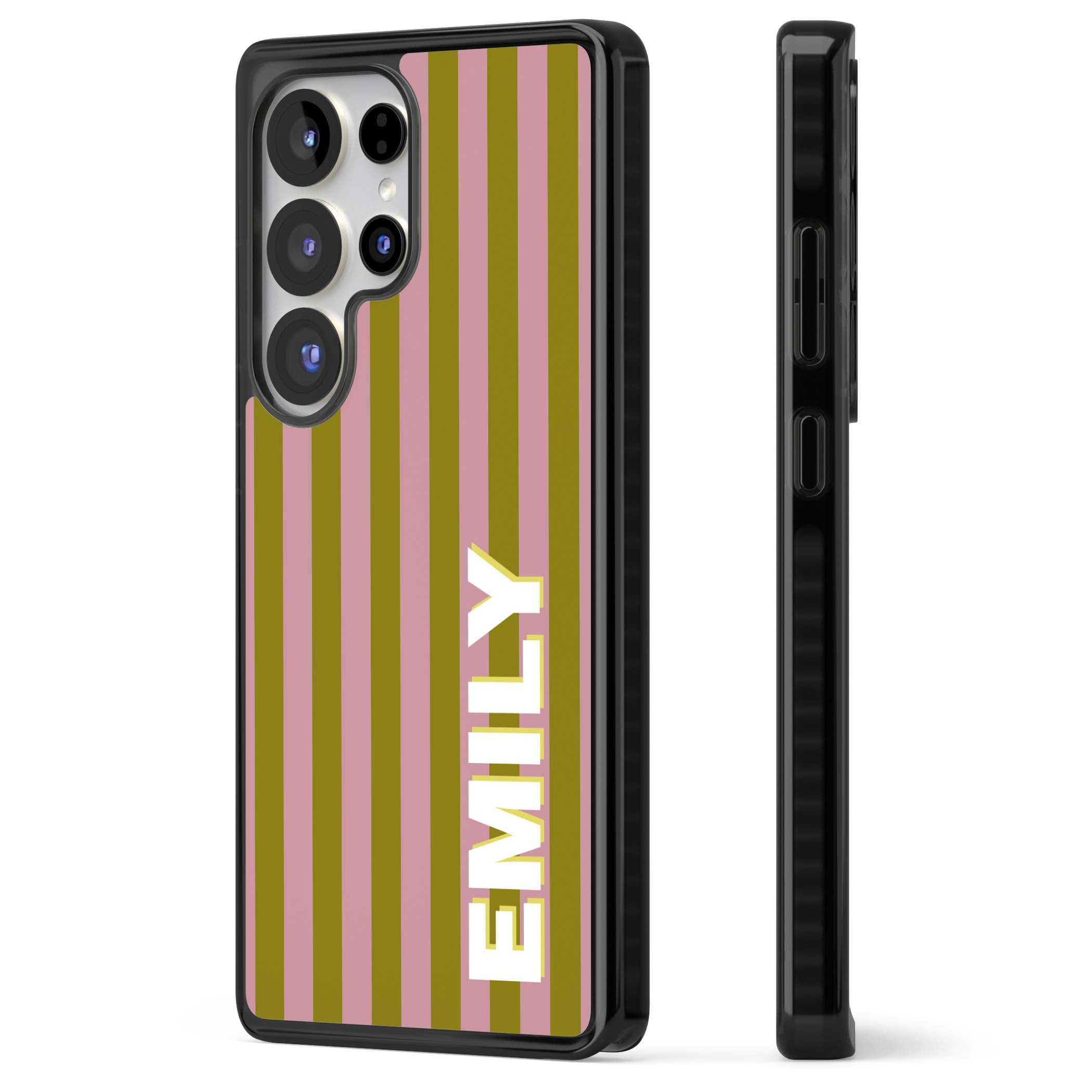 Istanbul Stripe personalised iPhone case featuring pink and olive green vertical stripes with a custom vertical name | Black Impact case for Samsung Galaxy S25 Ultra