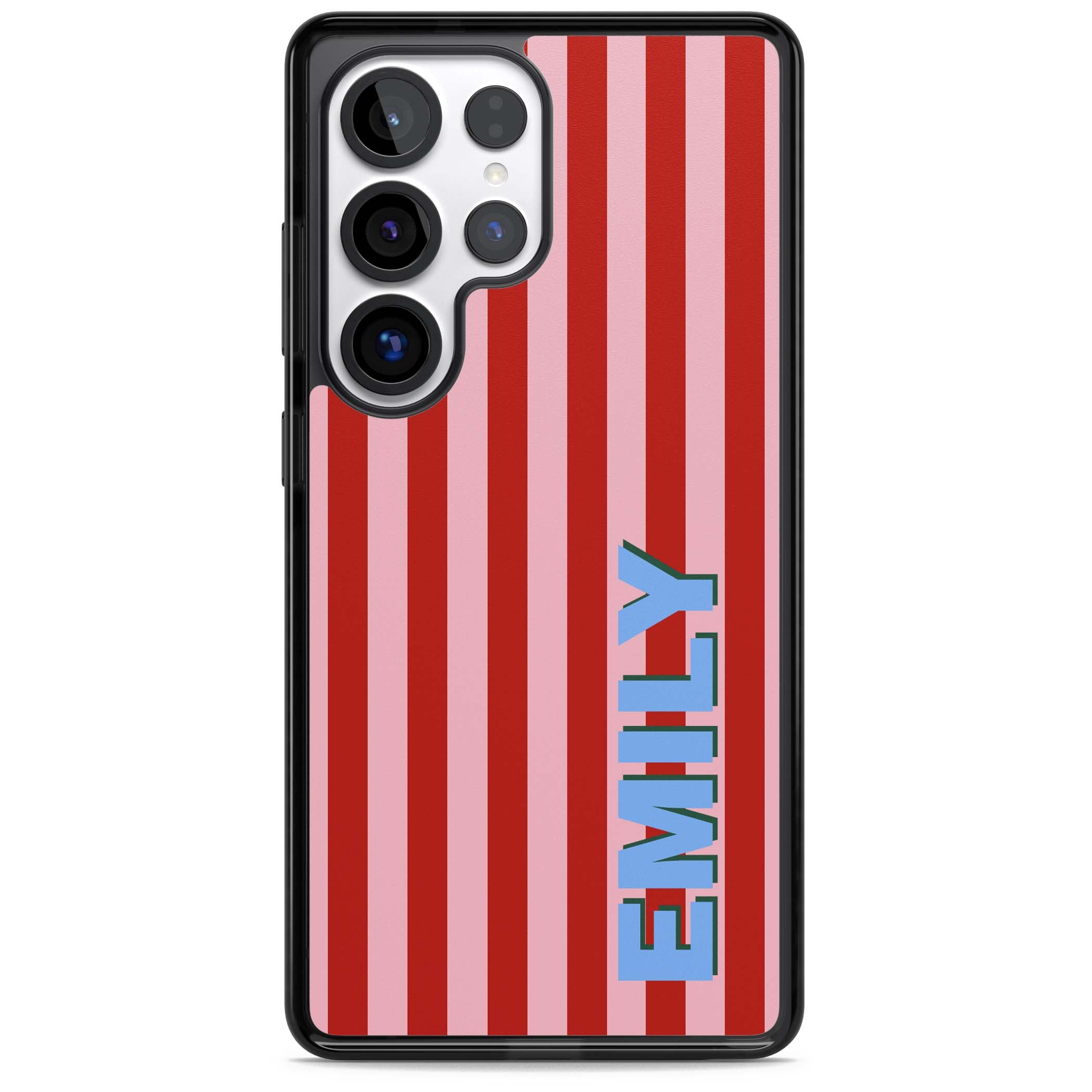 Market Stripe personalised iPhone case with red and pink vertical stripes and custom blue name | Black Impact case for Samsung Galaxy S25 Ultra