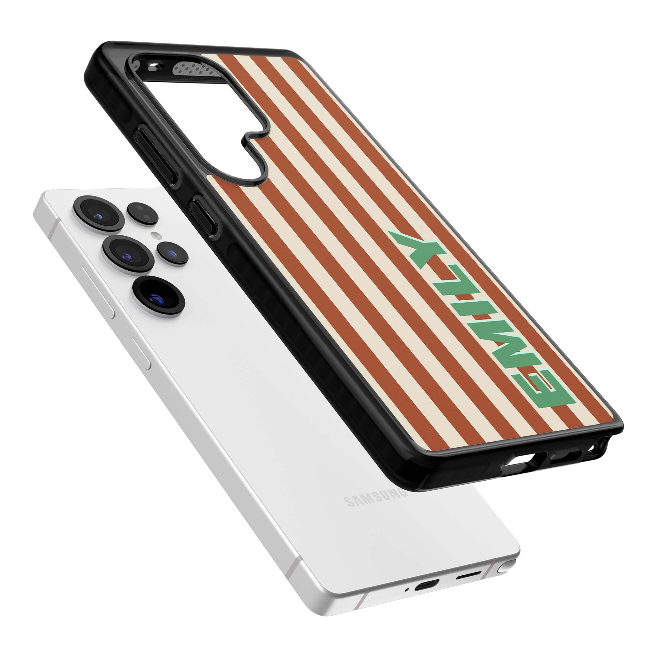 Dune Stripe personalised iPhone case with rust and cream vertical stripes and custom name in mint green | Black Impact case for Samsung Galaxy S25 Ultra