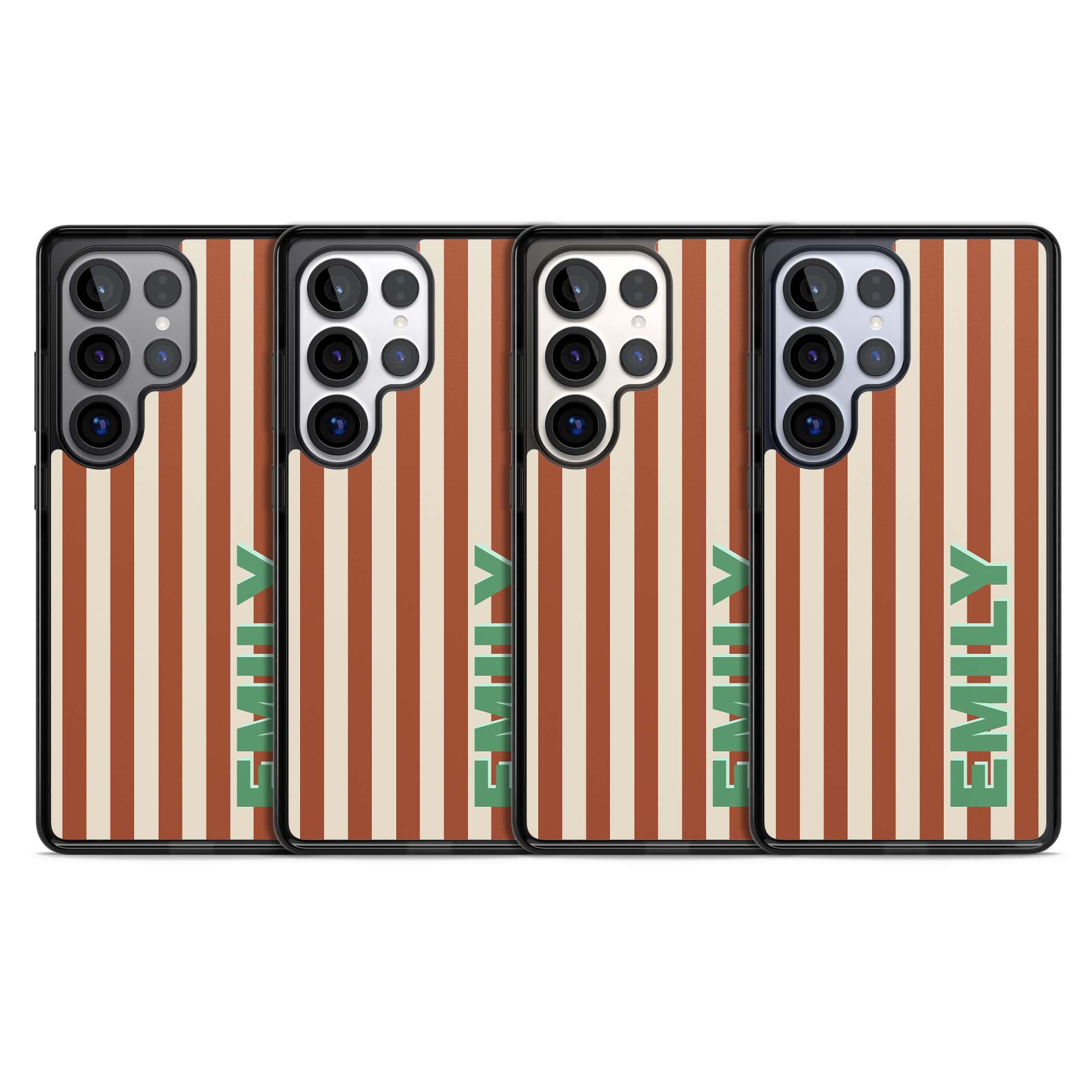 Dune Stripe personalised iPhone case with rust and cream vertical stripes and custom name in mint green | Black Impact case for Samsung Galaxy S25 Ultra