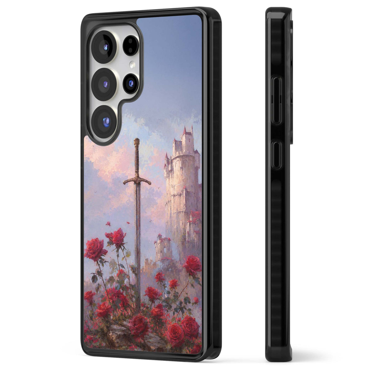 Sword in Roses medieval art iPhone case featuring a sword, red roses, and a misty fairytale castle at sunset | Black Impact case for Samsung Galaxy S25 Ultra