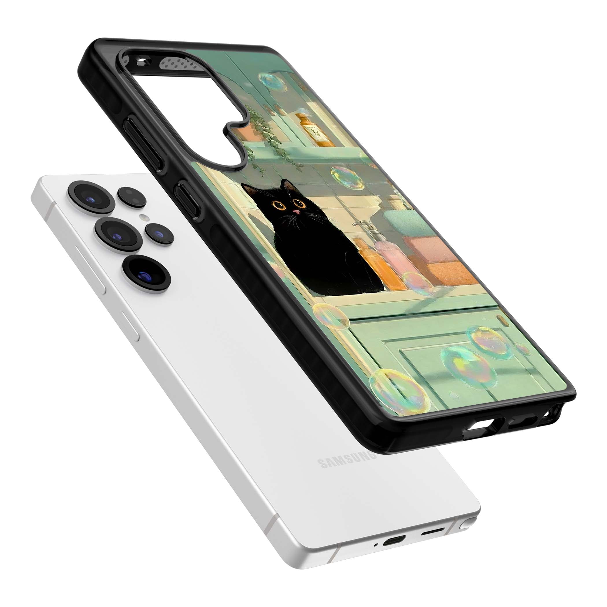 Bathroom Bubble Kitty cottagecore iPhone case featuring a black cat, mint bathroom scene and floating soap bubbles | Black Impact case for Samsung Galaxy S25 Ultra