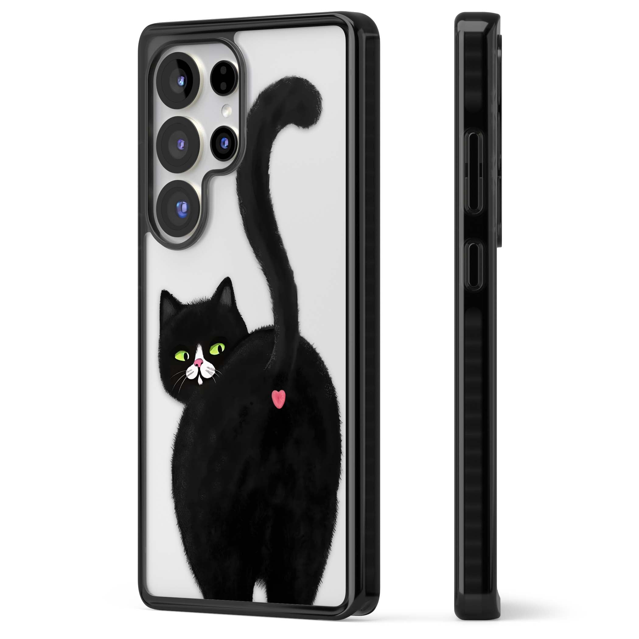 The Cat's Kiss cute cat iPhone case featuring a hand-painted tuxedo kitty with green eyes and a pink heart on a clear  | Black Impact case for Samsung Galaxy S25 Ultra