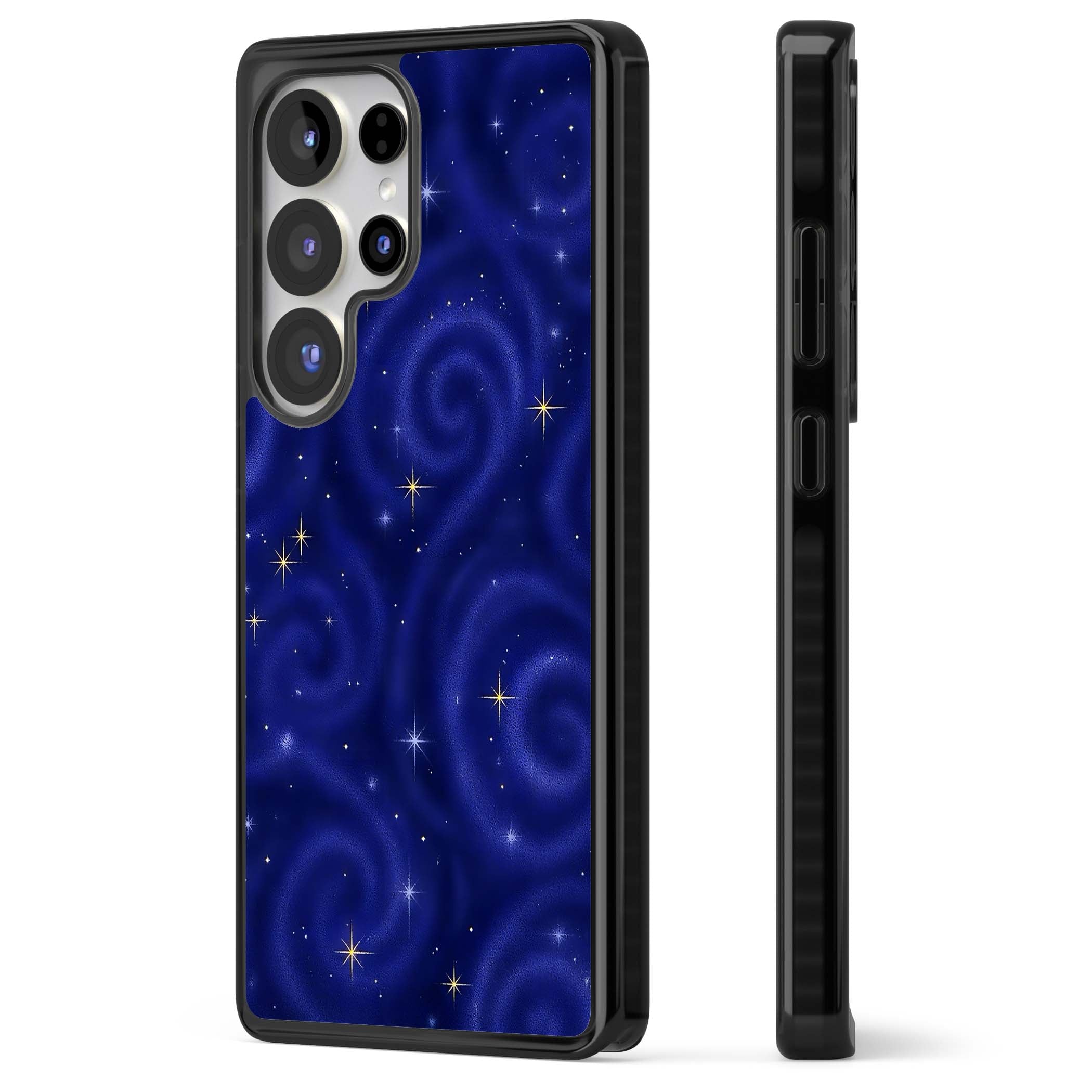 Indigo Cosmos celestial iPhone case featuring swirling navy night sky and sparkling golden stars | Black Impact case for Samsung Galaxy S25 Ultra