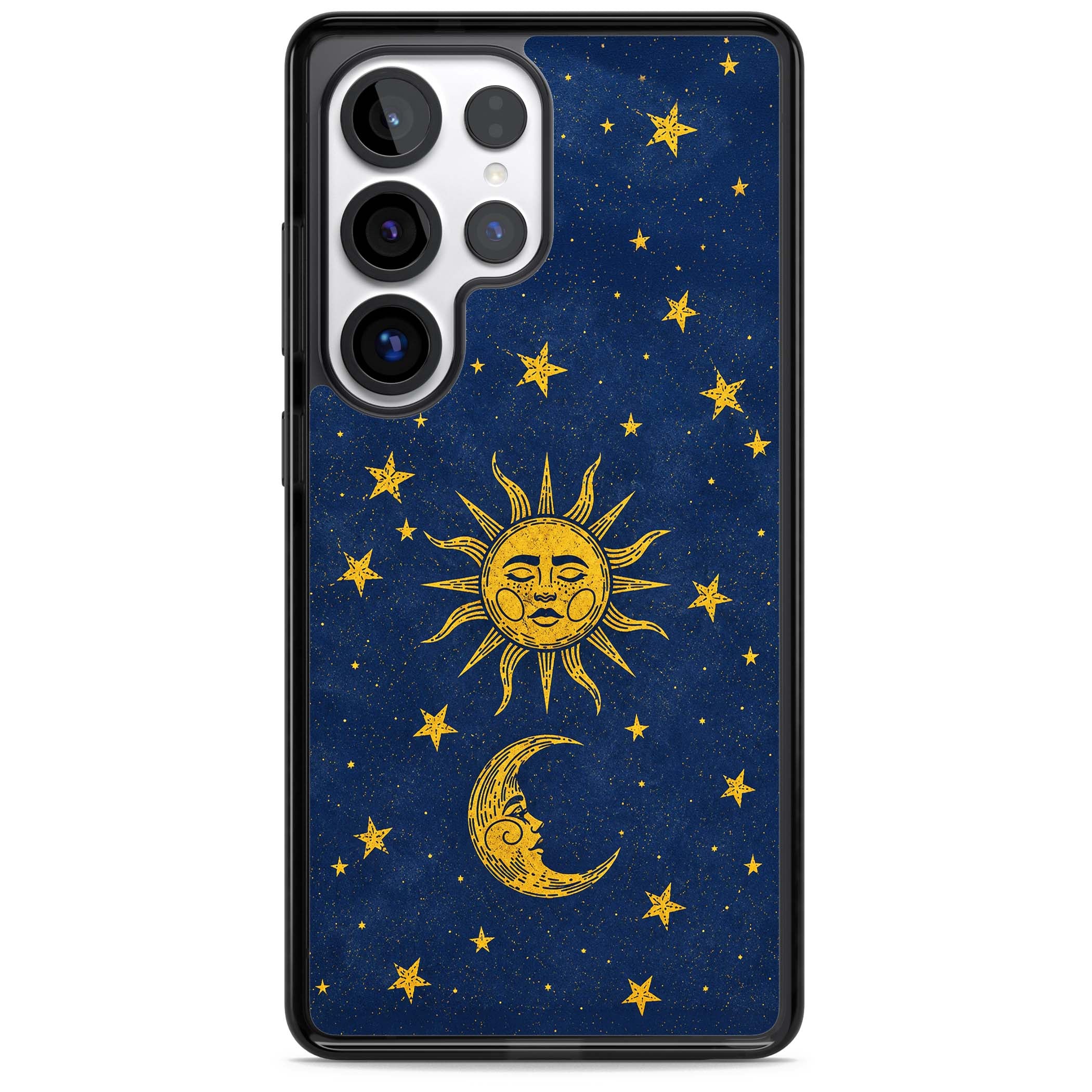 Sun & Moon Reverie celestial iPhone case featuring a vintage golden sun, crescent moon and scattered stars on midnight blue | Black Impact case for Samsung Galaxy S25 Ultra