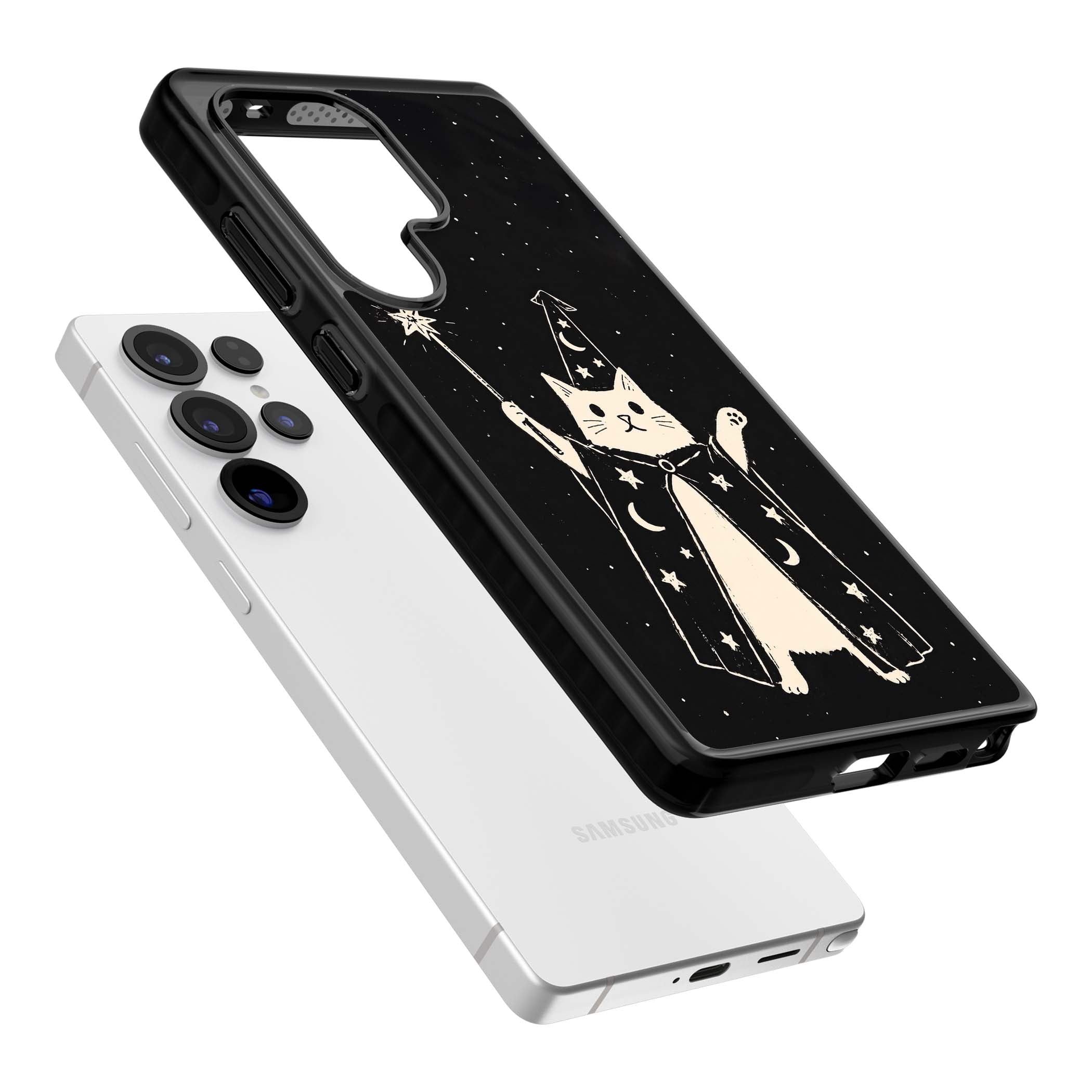 Whisker Wizard celestial cat iPhone case featuring a wizard cat with magic wand, starry night sky and crescent moons | Black Impact case for Samsung Galaxy S25 Ultra