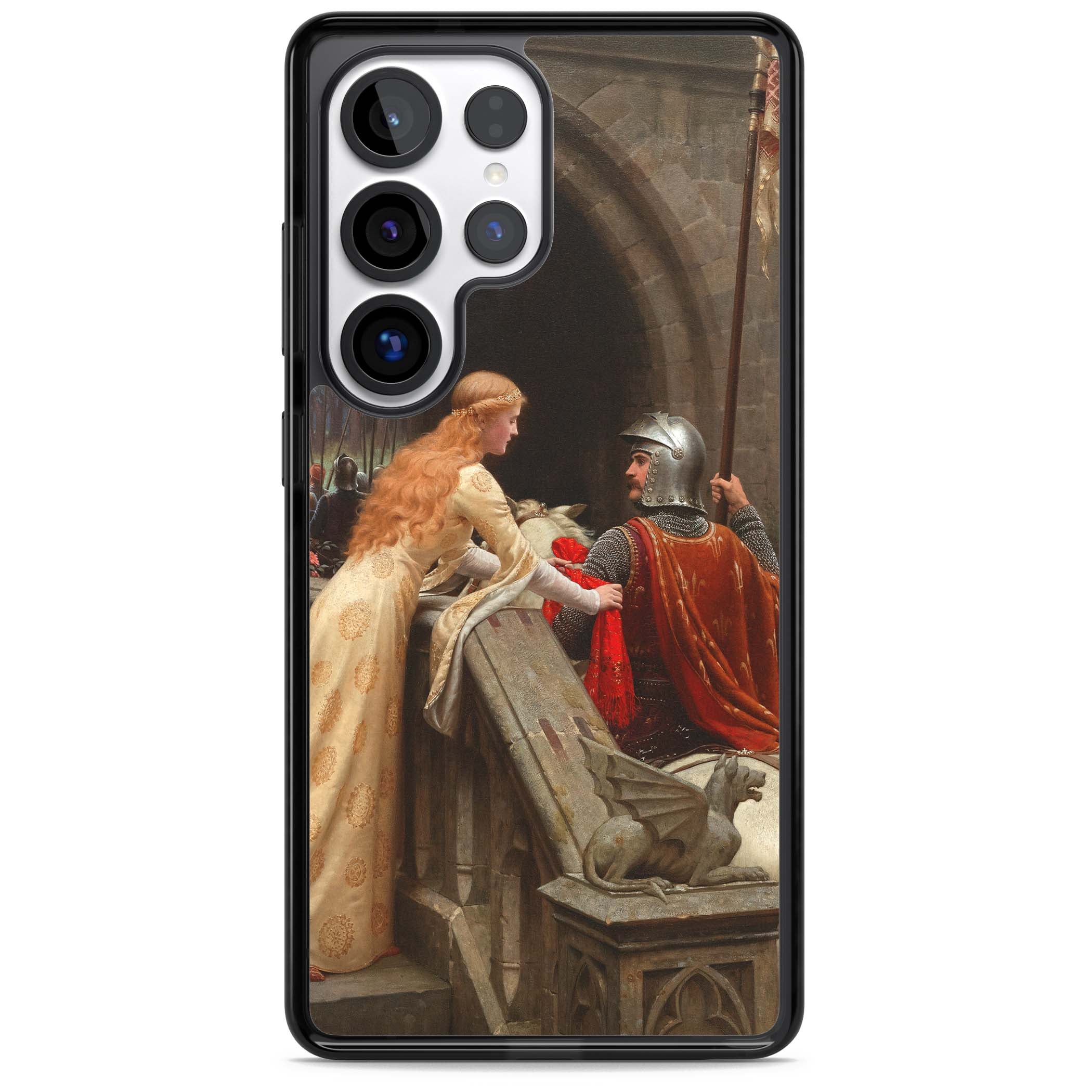 God Speed fine art iPhone case featuring Edmund Blair Leighton's medieval knight and lady beneath a stone archway | Black Impact case for Samsung Galaxy S25 Ultra