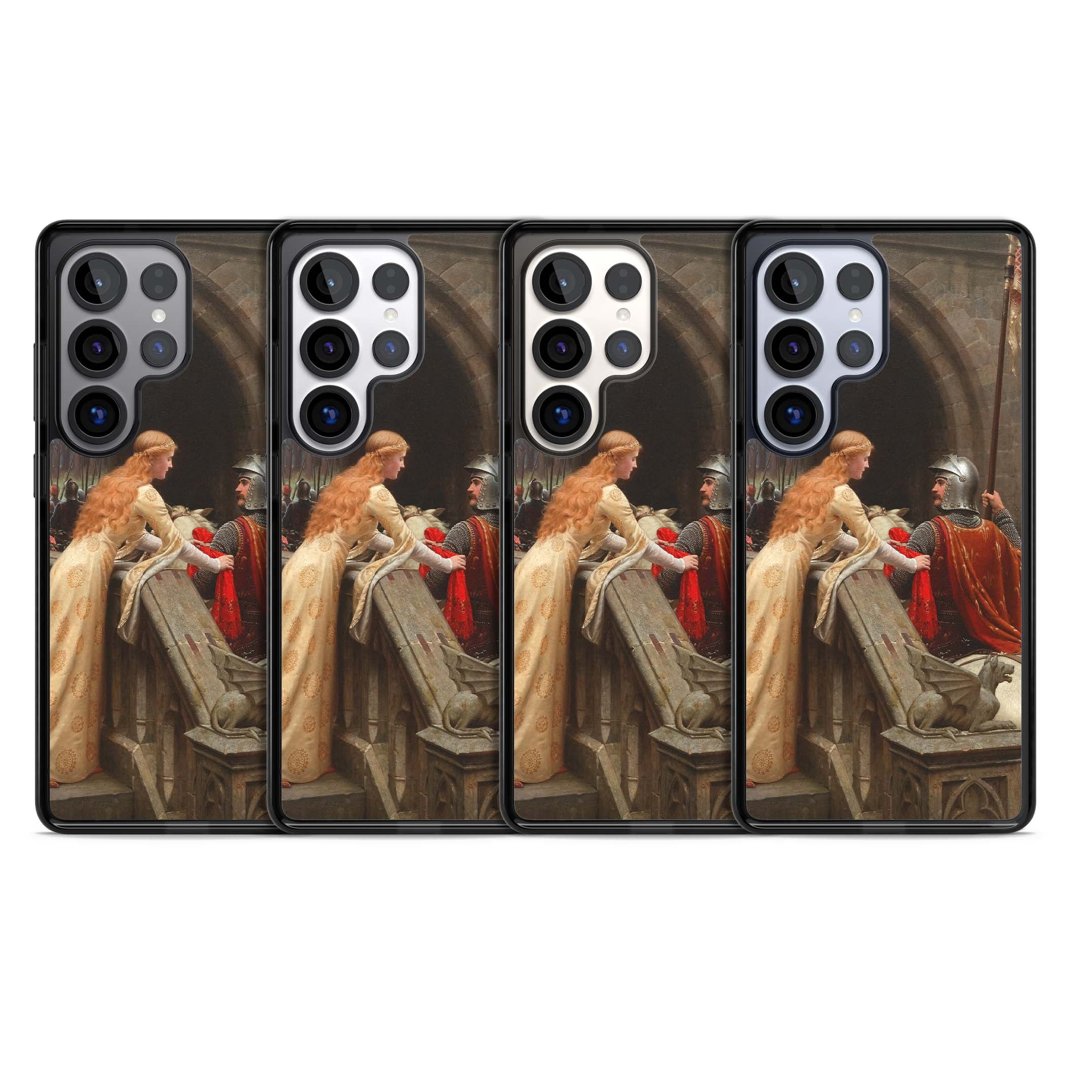 God Speed fine art iPhone case featuring Edmund Blair Leighton's medieval knight and lady beneath a stone archway | Black Impact case for Samsung Galaxy S25 Ultra