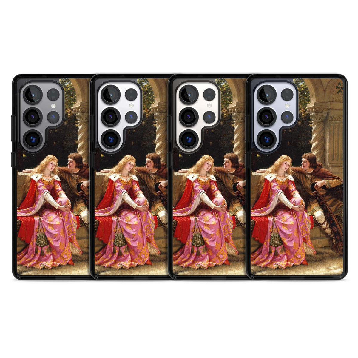 The End of the Song classic art iPhone case featuring a medieval lady in pink gown and her knight in a stone archway | Black Impact case for Samsung Galaxy S25 Ultra