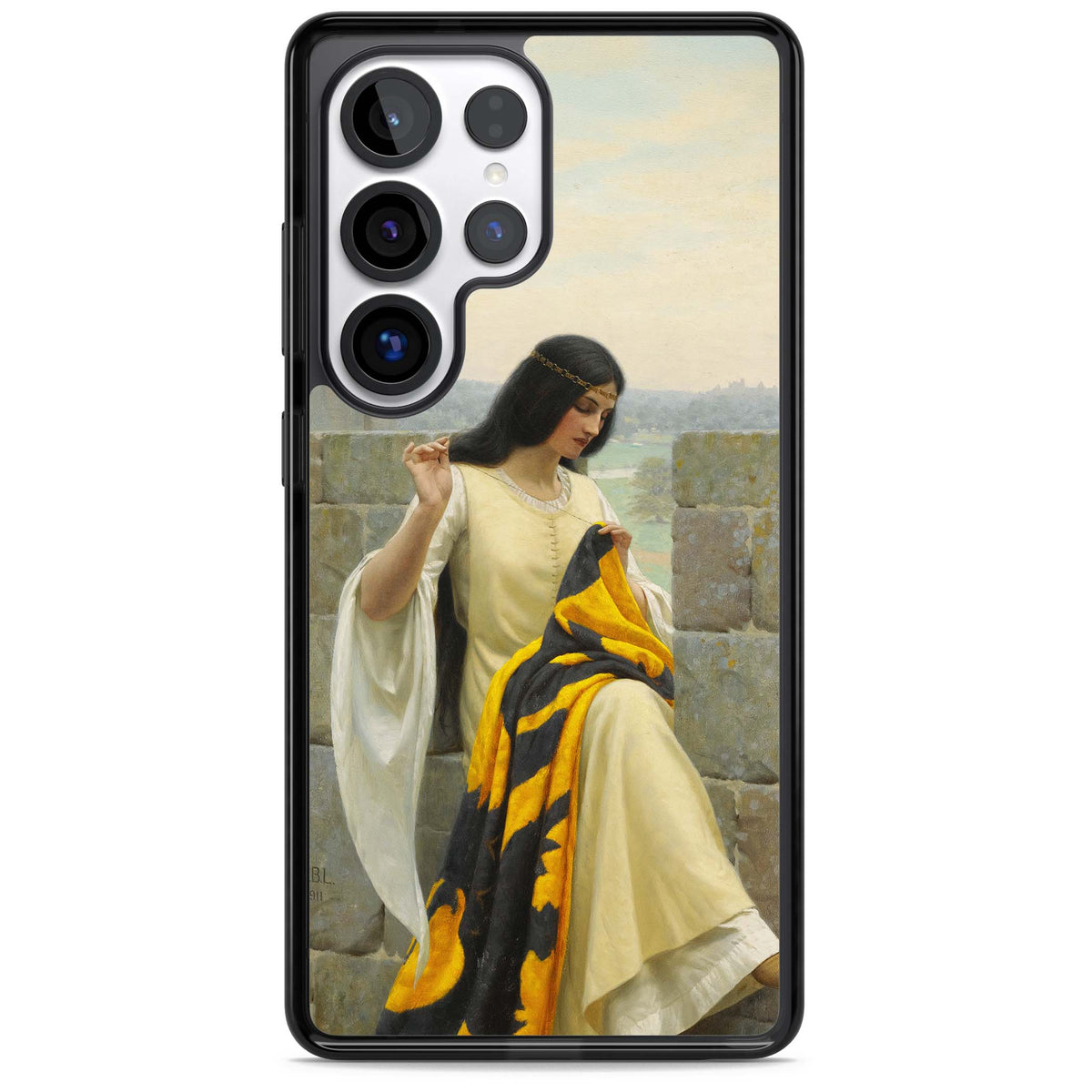Stitching the Standard renaissance art iPhone case featuring a medieval lady sewing a golden banner on a castle wall | Black Impact case for Samsung Galaxy S25 Ultra