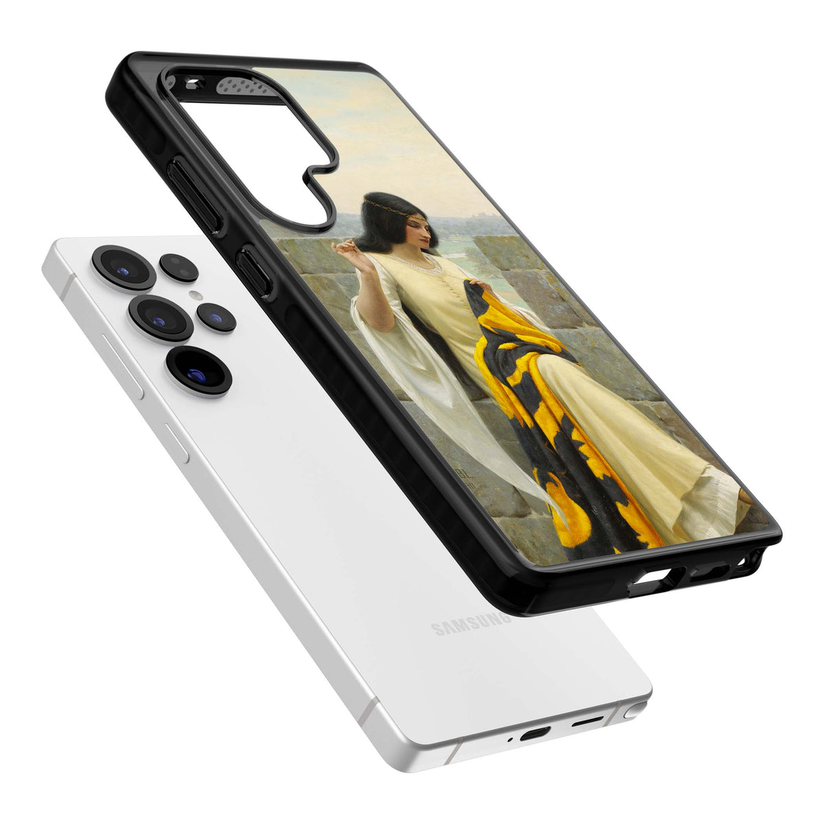 Stitching the Standard renaissance art iPhone case featuring a medieval lady sewing a golden banner on a castle wall | Black Impact case for Samsung Galaxy S25 Ultra