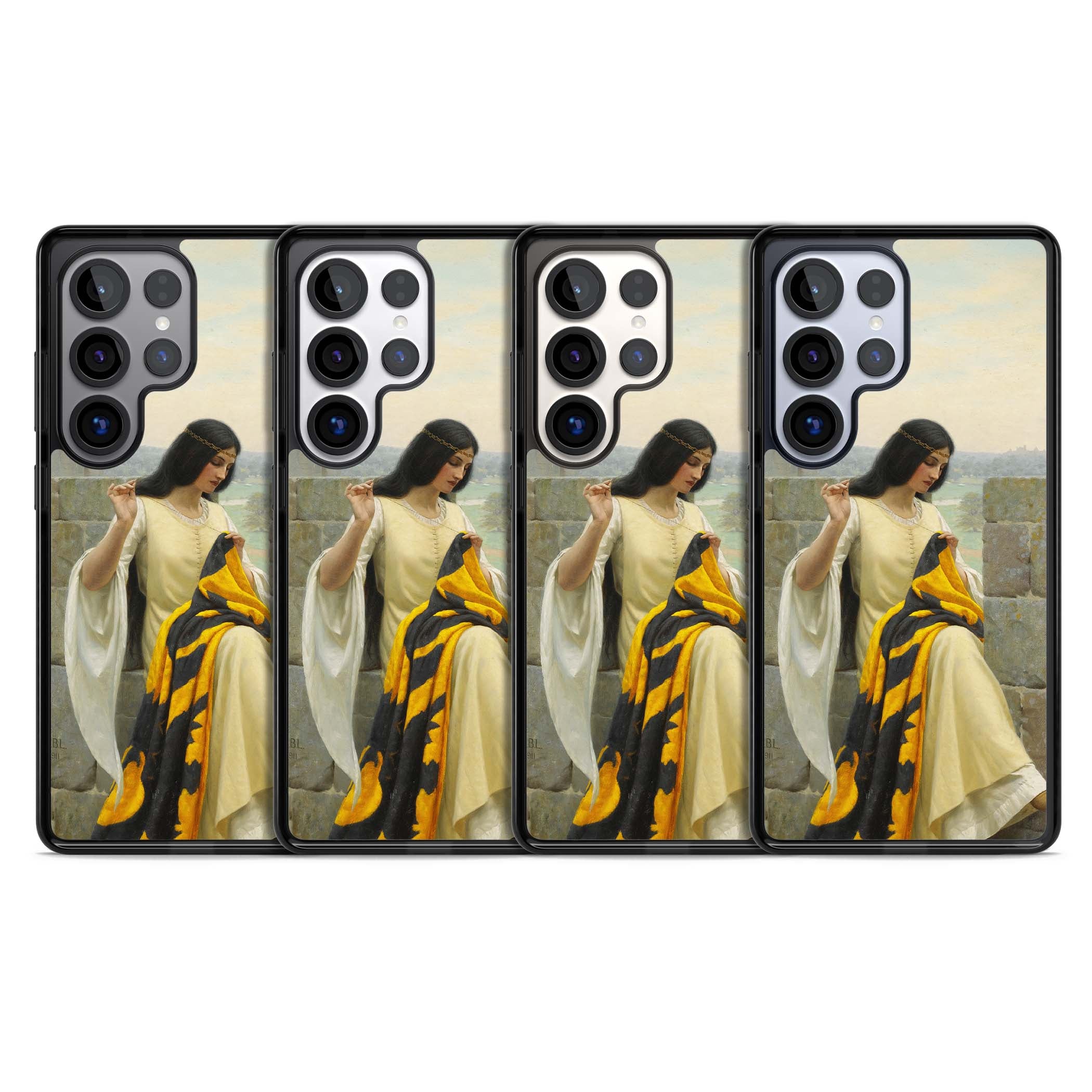 Stitching the Standard renaissance art iPhone case featuring a medieval lady sewing a golden banner on a castle wall | Black Impact case for Samsung Galaxy S25 Ultra