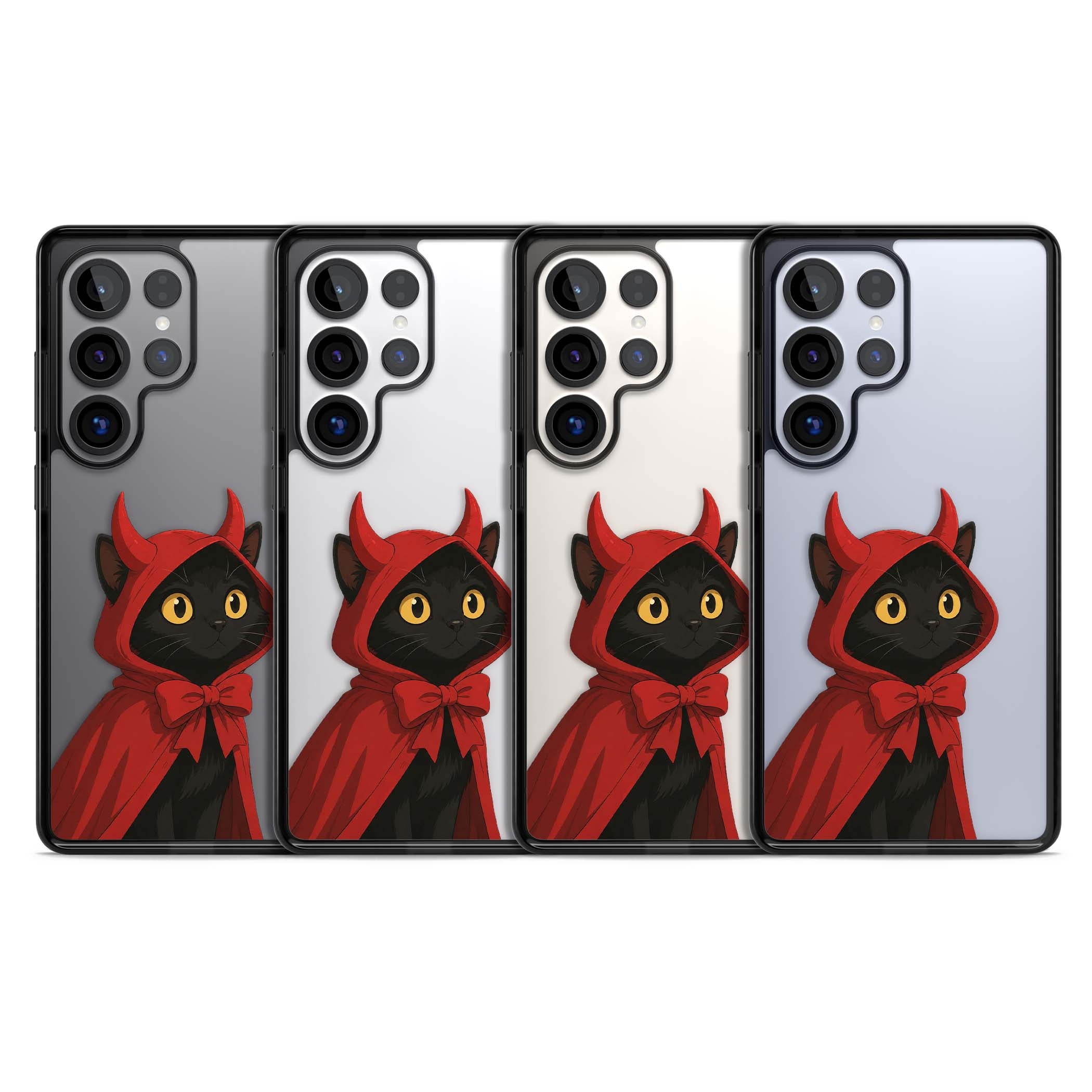 Little Devil halloween iPhone case featuring a black cat in a red hooded devil cloak with horns and golden eyes | Black Impact case for Samsung Galaxy S25 Ultra