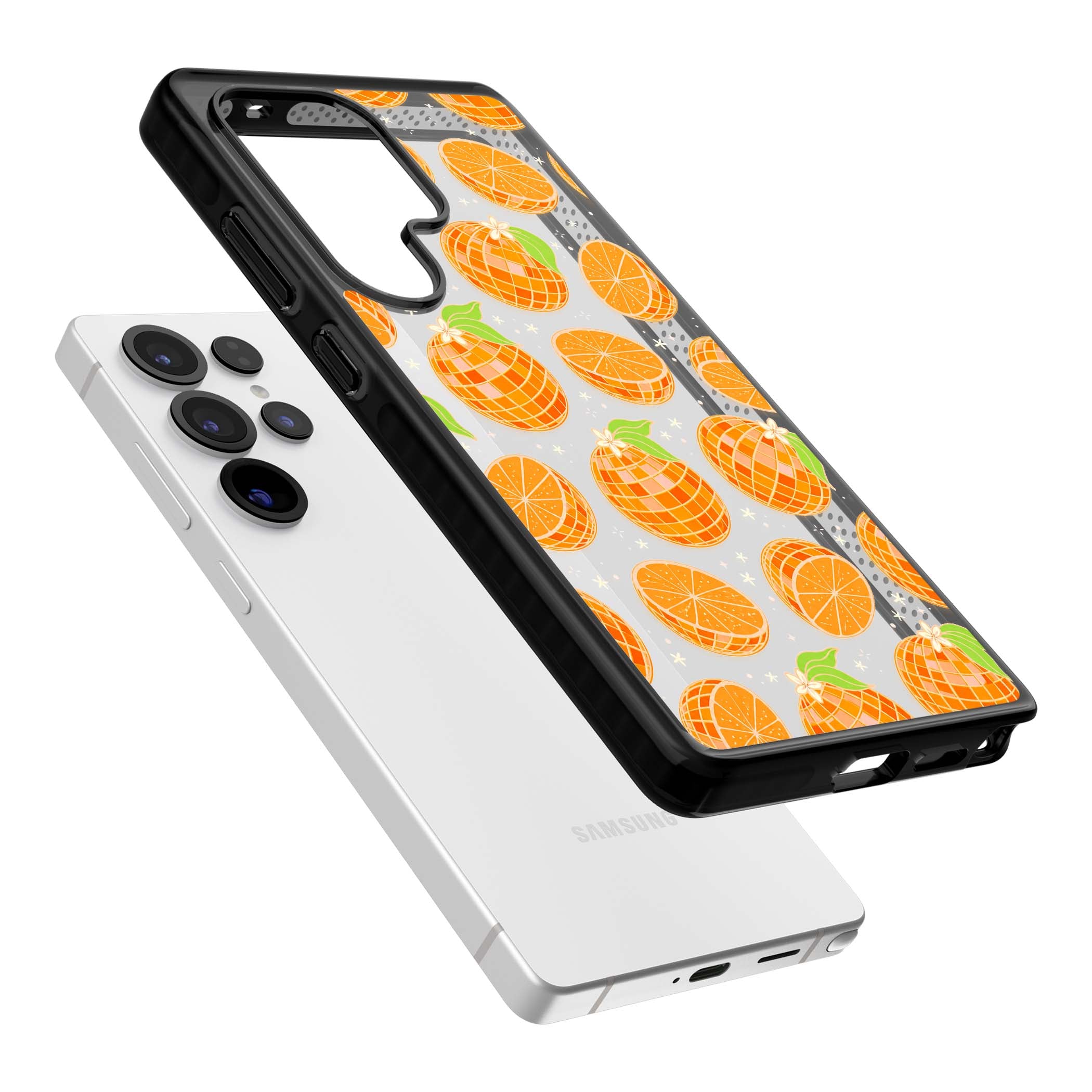 Disco Oranges retro iPhone case featuring mirrorball oranges, citrus slices and tiny blossoms on clear | Black Impact case for Samsung Galaxy S25 Ultra