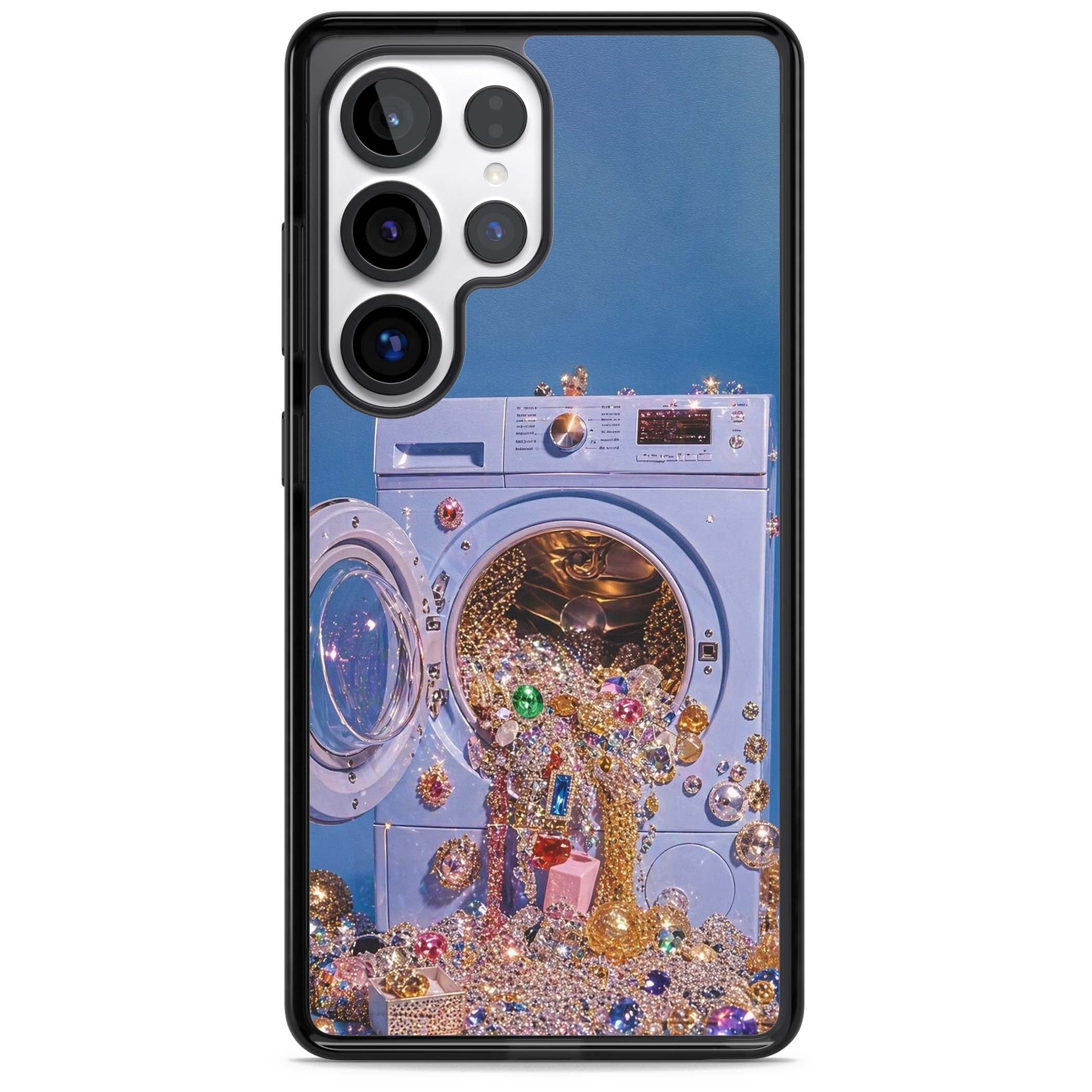 Gem Laundry baddie iPhone case featuring a surreal washing machine overflowing with colourful gemstones and crystals | Black Impact case for Samsung Galaxy S25 Ultra