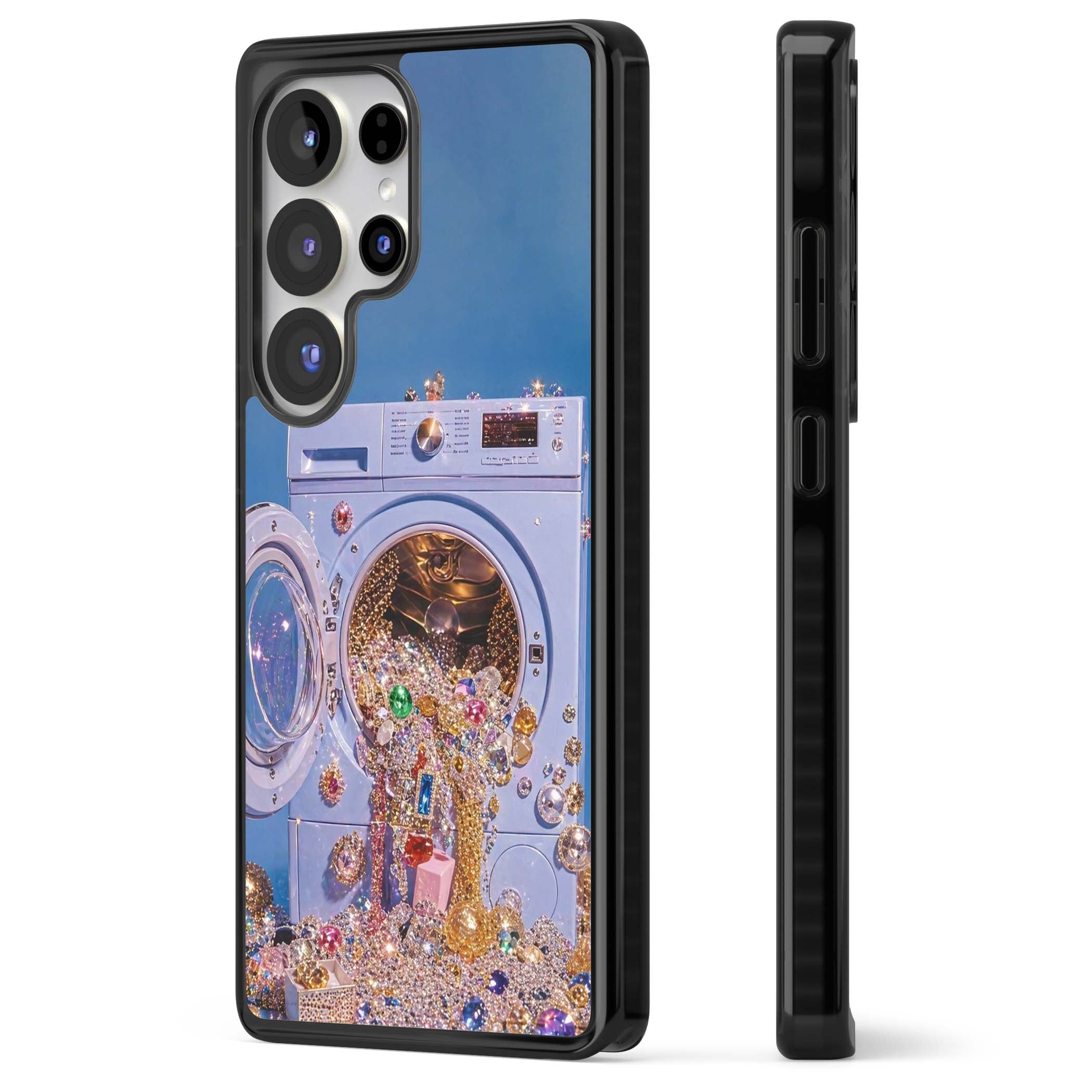 Gem Laundry baddie iPhone case featuring a surreal washing machine overflowing with colourful gemstones and crystals | Black Impact case for Samsung Galaxy S25 Ultra