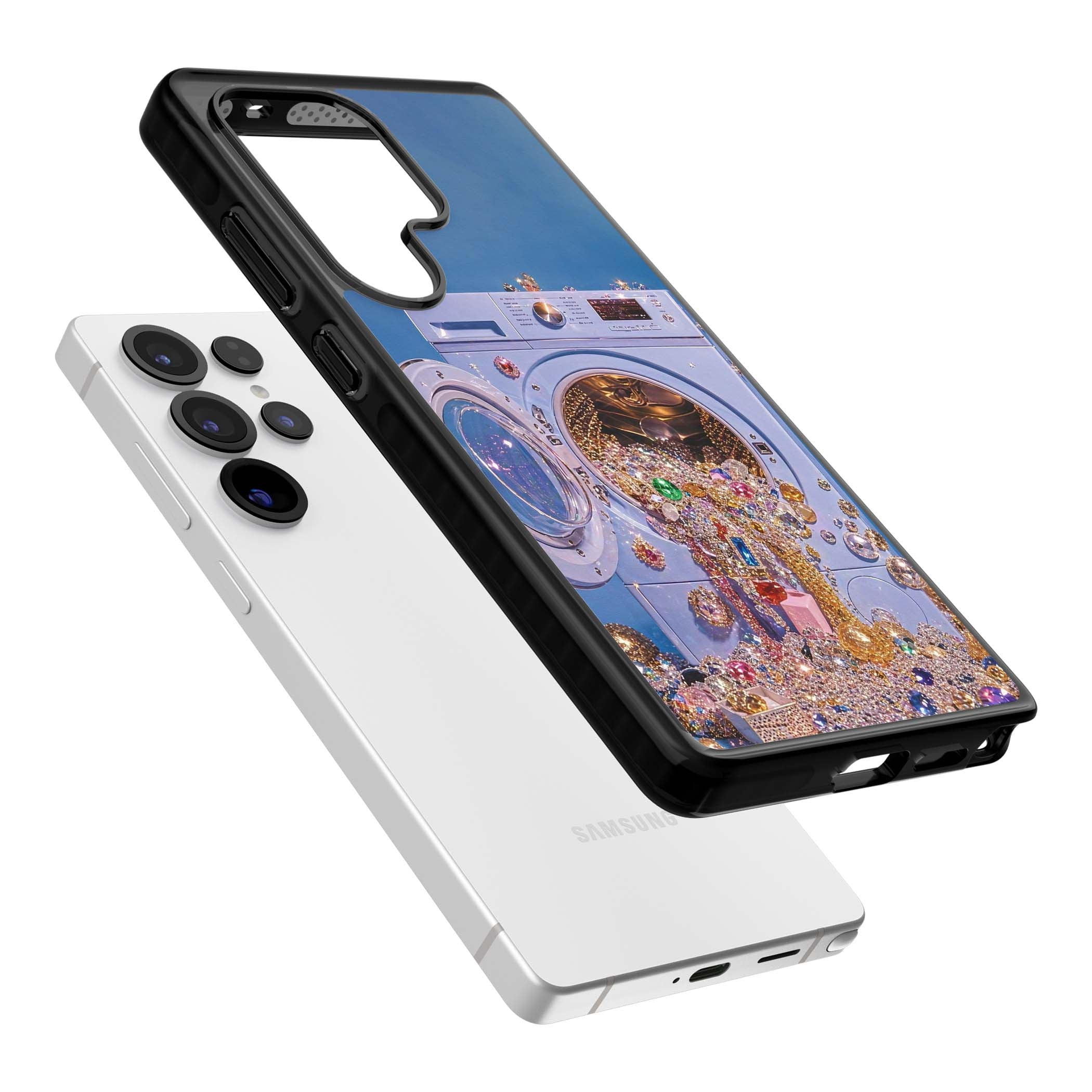 Gem Laundry baddie iPhone case featuring a surreal washing machine overflowing with colourful gemstones and crystals | Black Impact case for Samsung Galaxy S25 Ultra