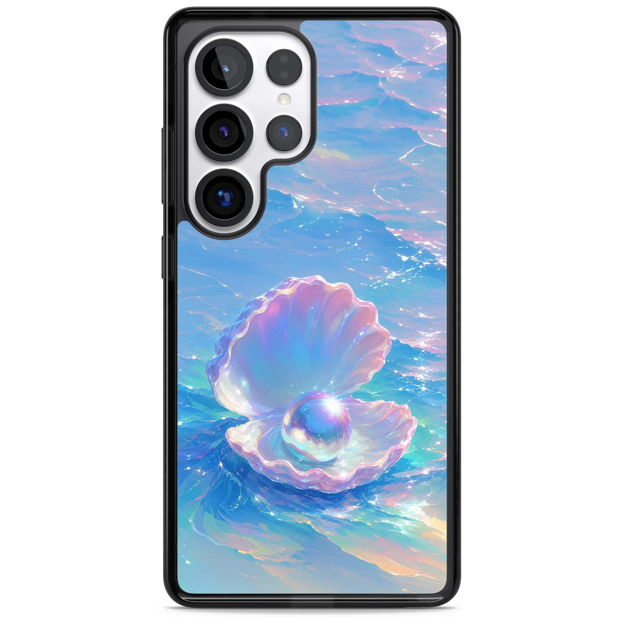 The Pearl Clam mermaidcore iPhone case featuring iridescent seashell, glowing pearl and pastel ocean waves | Black Impact case for Samsung Galaxy S25 Ultra