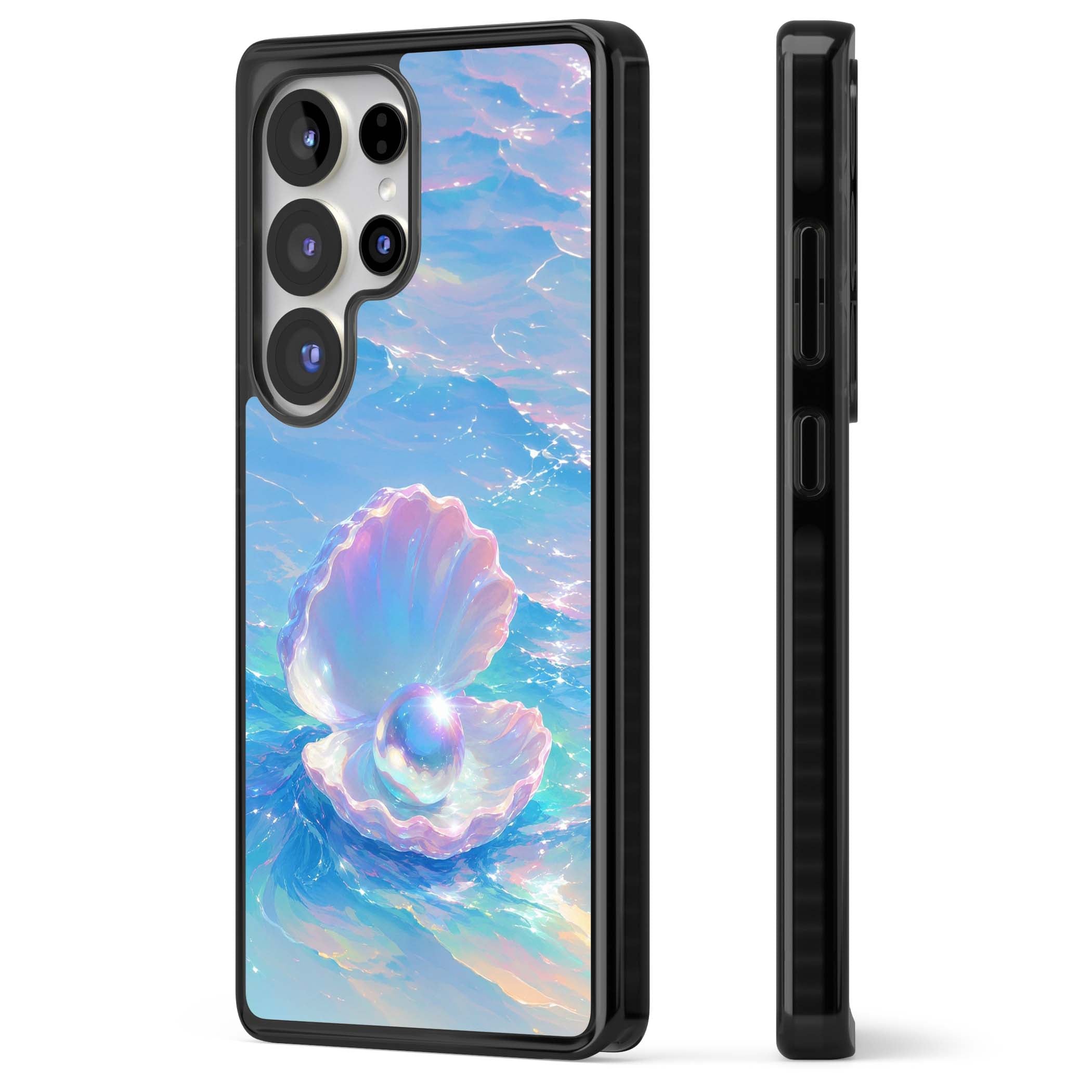 The Pearl Clam mermaidcore iPhone case featuring iridescent seashell, glowing pearl and pastel ocean waves | Black Impact case for Samsung Galaxy S25 Ultra