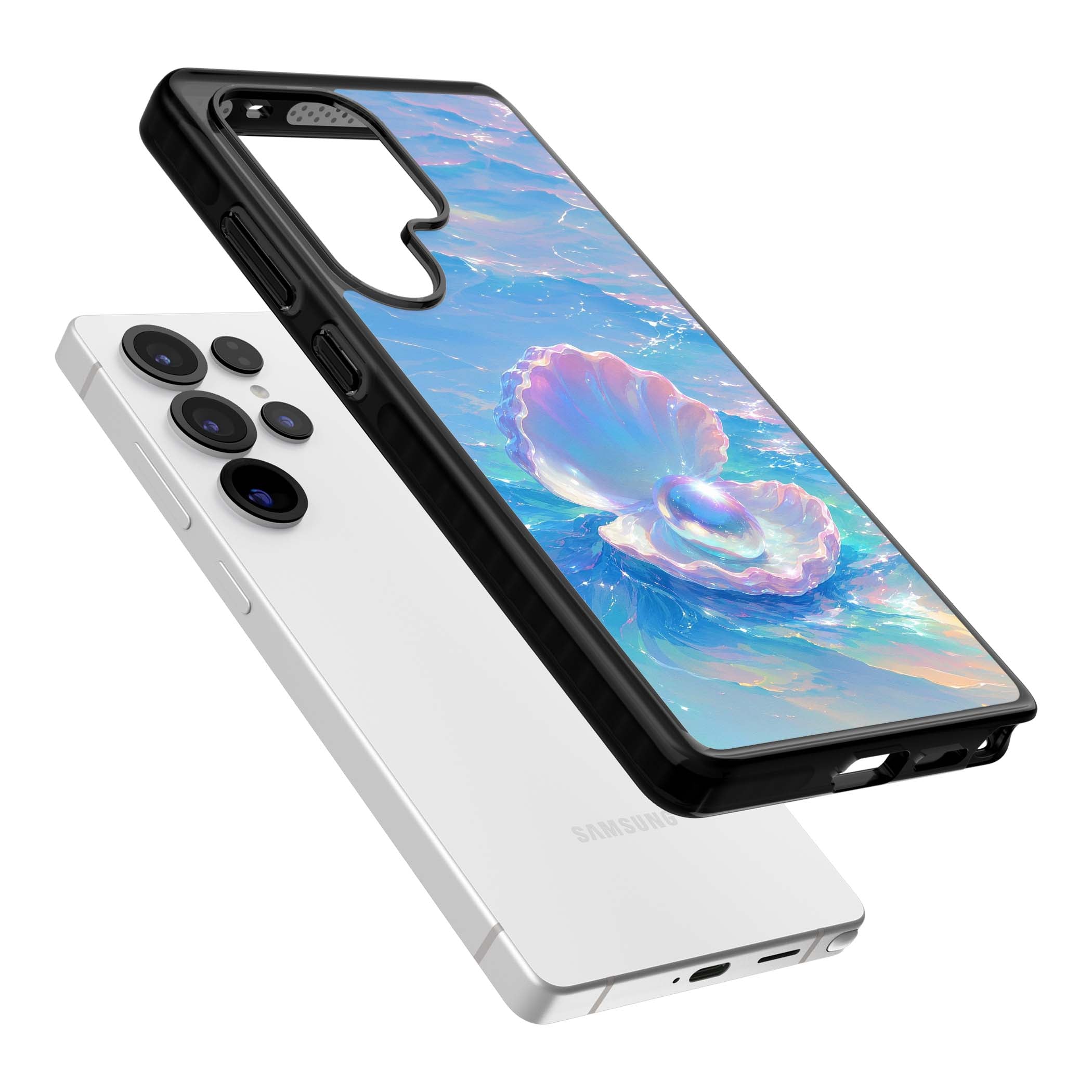 The Pearl Clam mermaidcore iPhone case featuring iridescent seashell, glowing pearl and pastel ocean waves | Black Impact case for Samsung Galaxy S25 Ultra