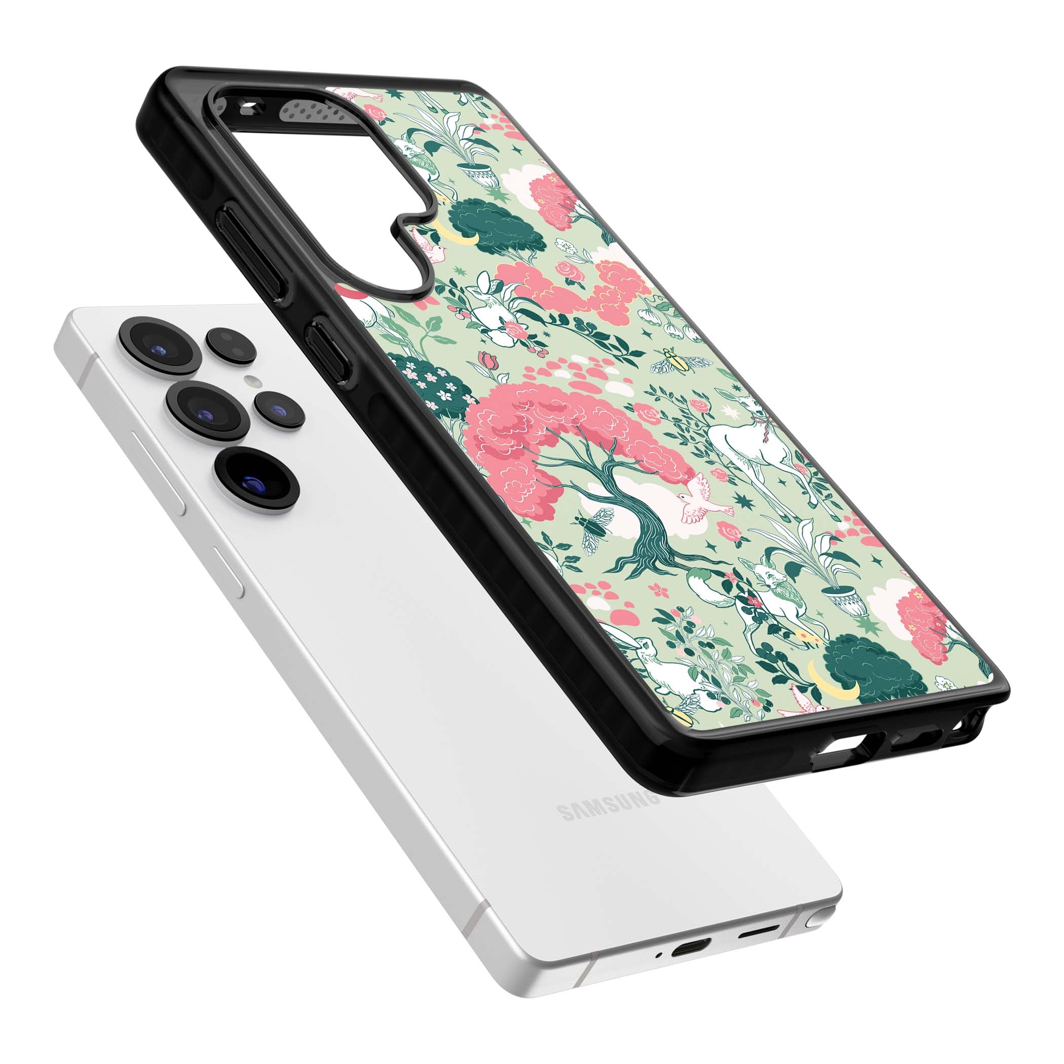Enchanted Woodland cottagecore iPhone case featuring white deer, pink roses, mushrooms and woodland animals on sage green | Black Impact case for Samsung Galaxy S25 Ultra