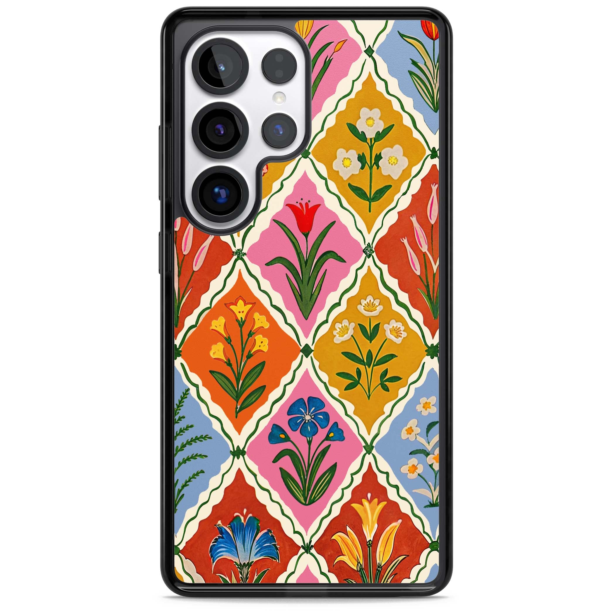 Floral Quilt boho floral iPhone case featuring diamond lattice pattern, hand-painted tulips and folk art wildflowers | Black Impact case for Samsung Galaxy S25 Ultra