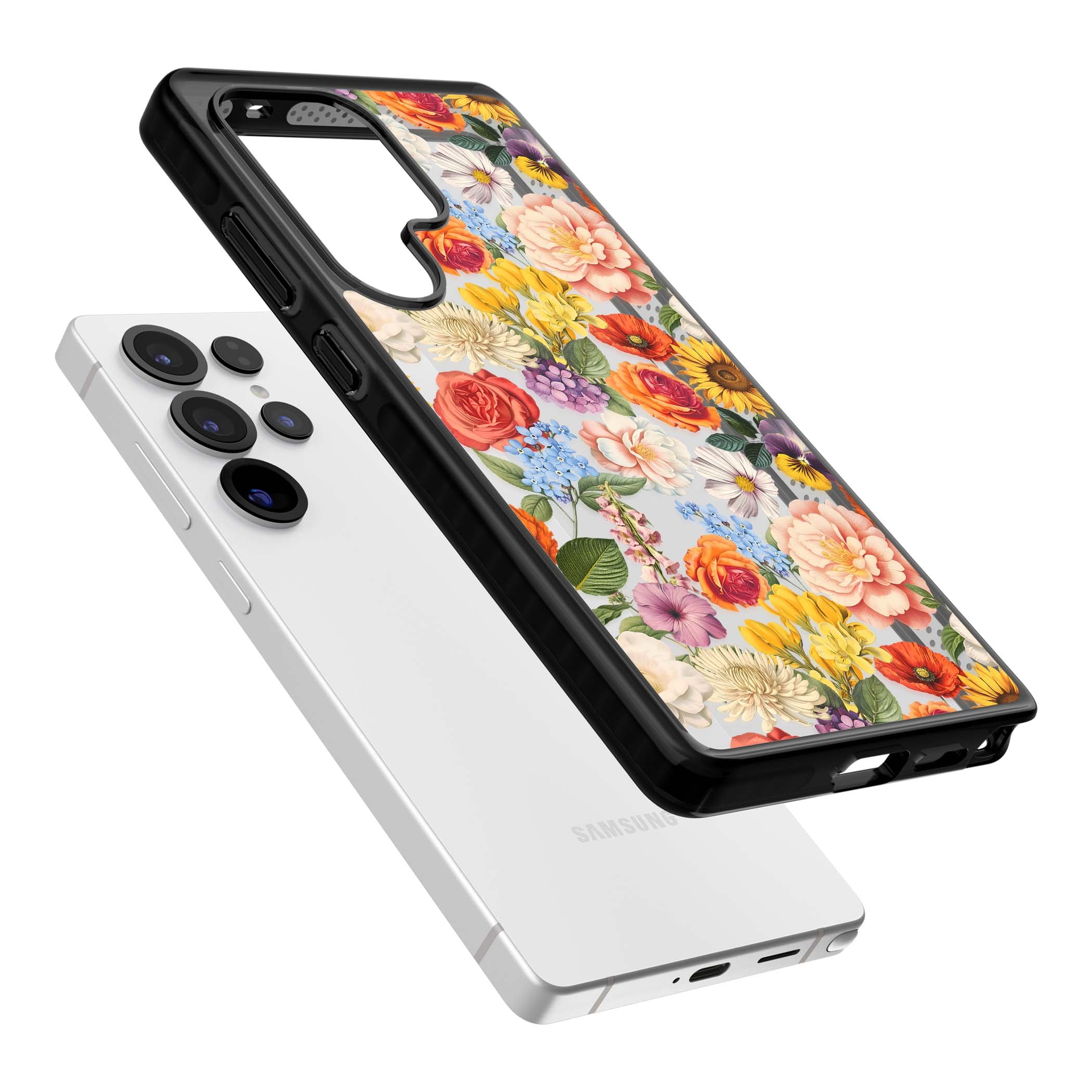 Bloom Basket floral iPhone case featuring cottage garden flowers including peonies, sunflowers, and wildflowers in pastel col | Black Impact case for Samsung Galaxy S25 Ultra