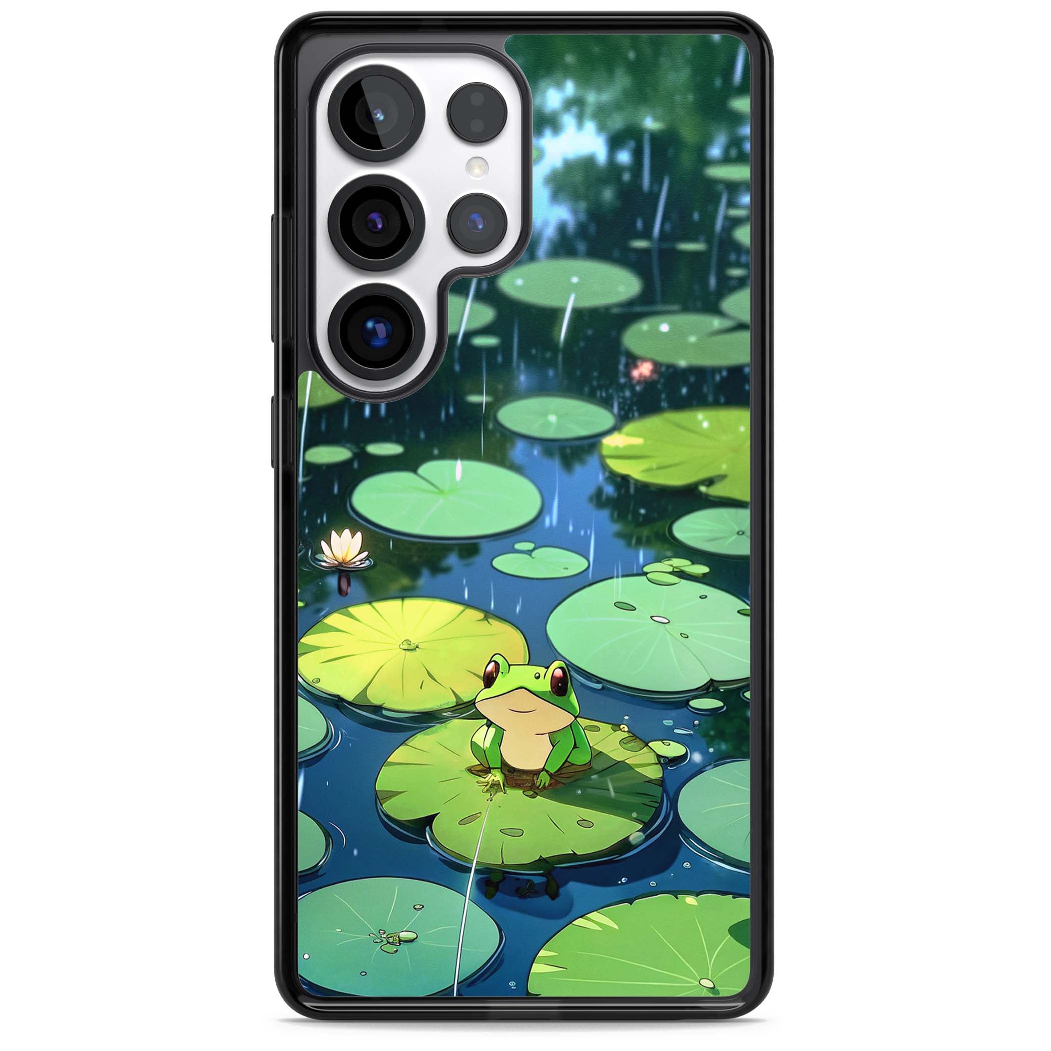Frog In Lily Pond cottagecore iPhone case featuring a cute green frog on a lily pad with falling rain and a lotus flower | Black Impact case for Samsung Galaxy S25 Ultra