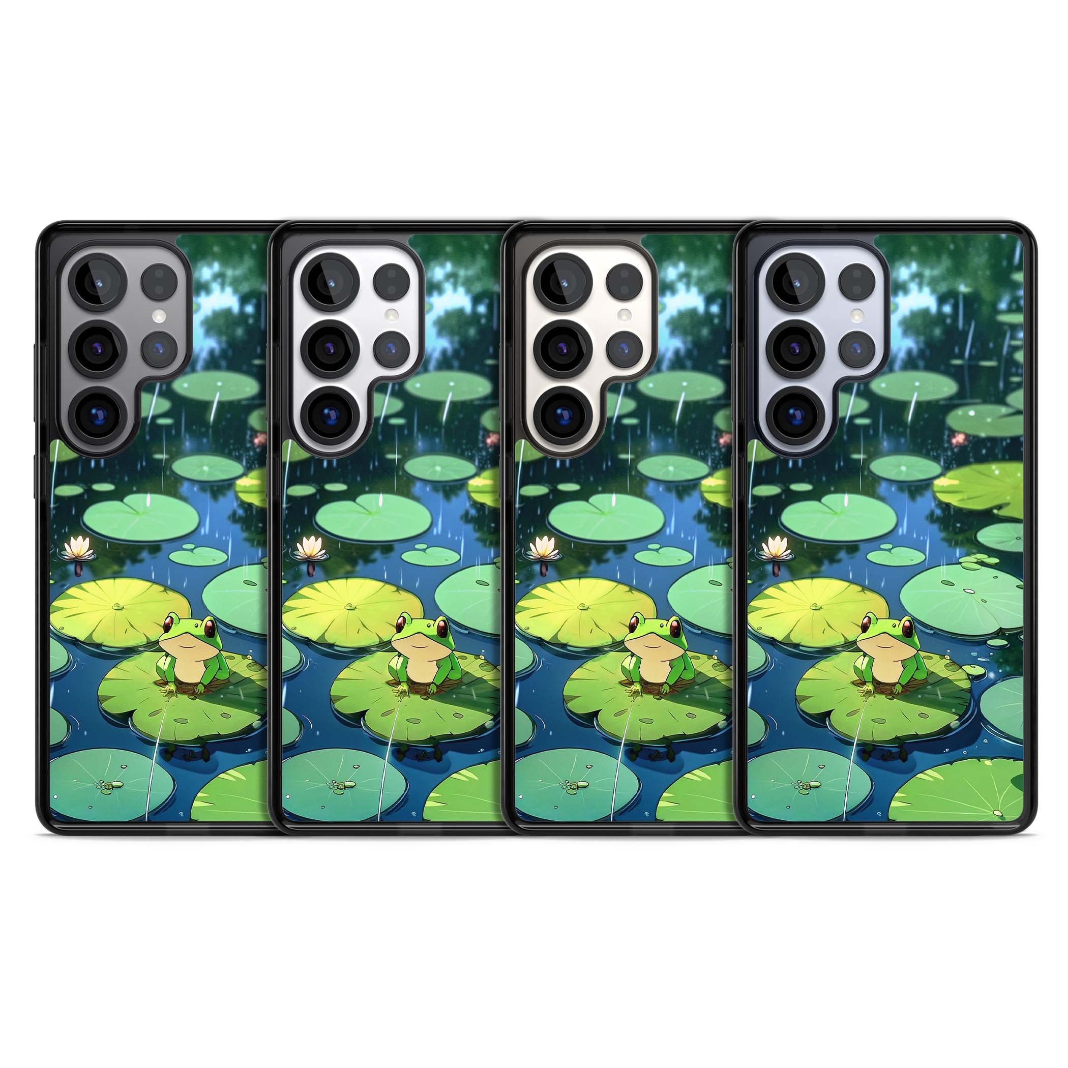 Frog In Lily Pond cottagecore iPhone case featuring a cute green frog on a lily pad with falling rain and a lotus flower | Black Impact case for Samsung Galaxy S25 Ultra