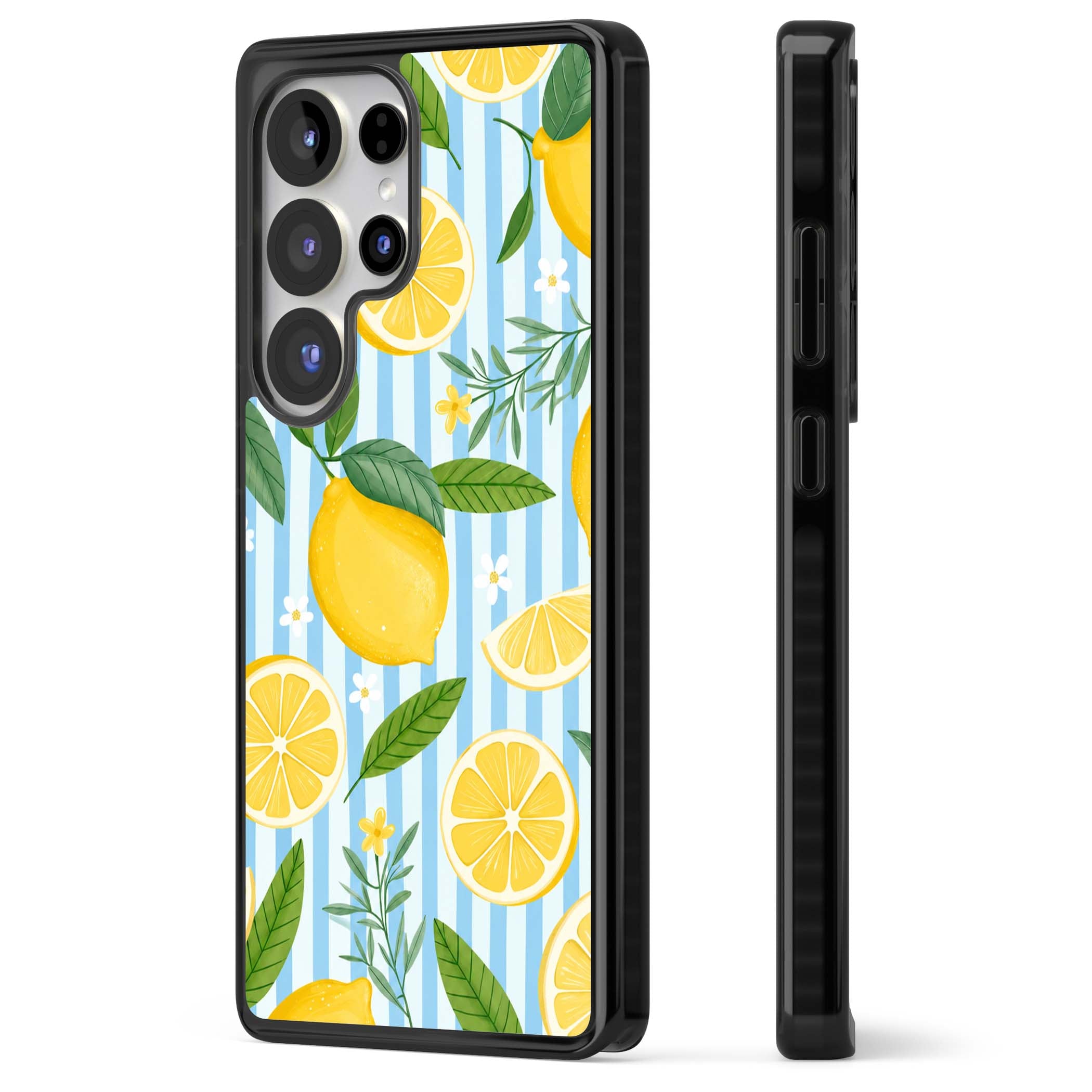 Capri Citrus Stripe coastal iPhone case featuring yellow lemons, blue stripes, and white daisy blossoms | Black Impact case for Samsung Galaxy S25 Ultra