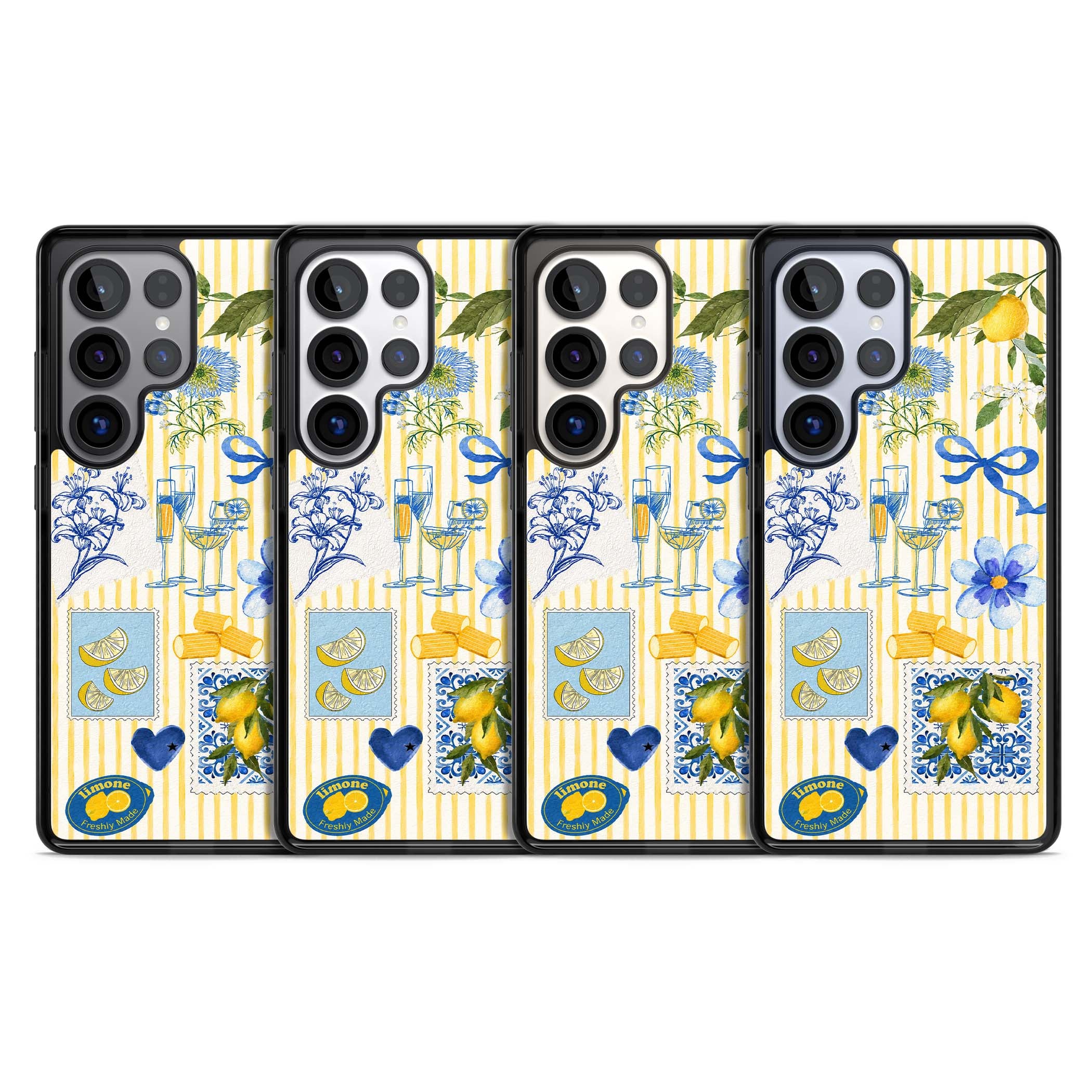 Limone Riviera Italian summer iPhone case featuring watercolour lemons, blue ribbon bows and majolica tile stamps on... | Black Impact case for Samsung Galaxy S25 Ultra