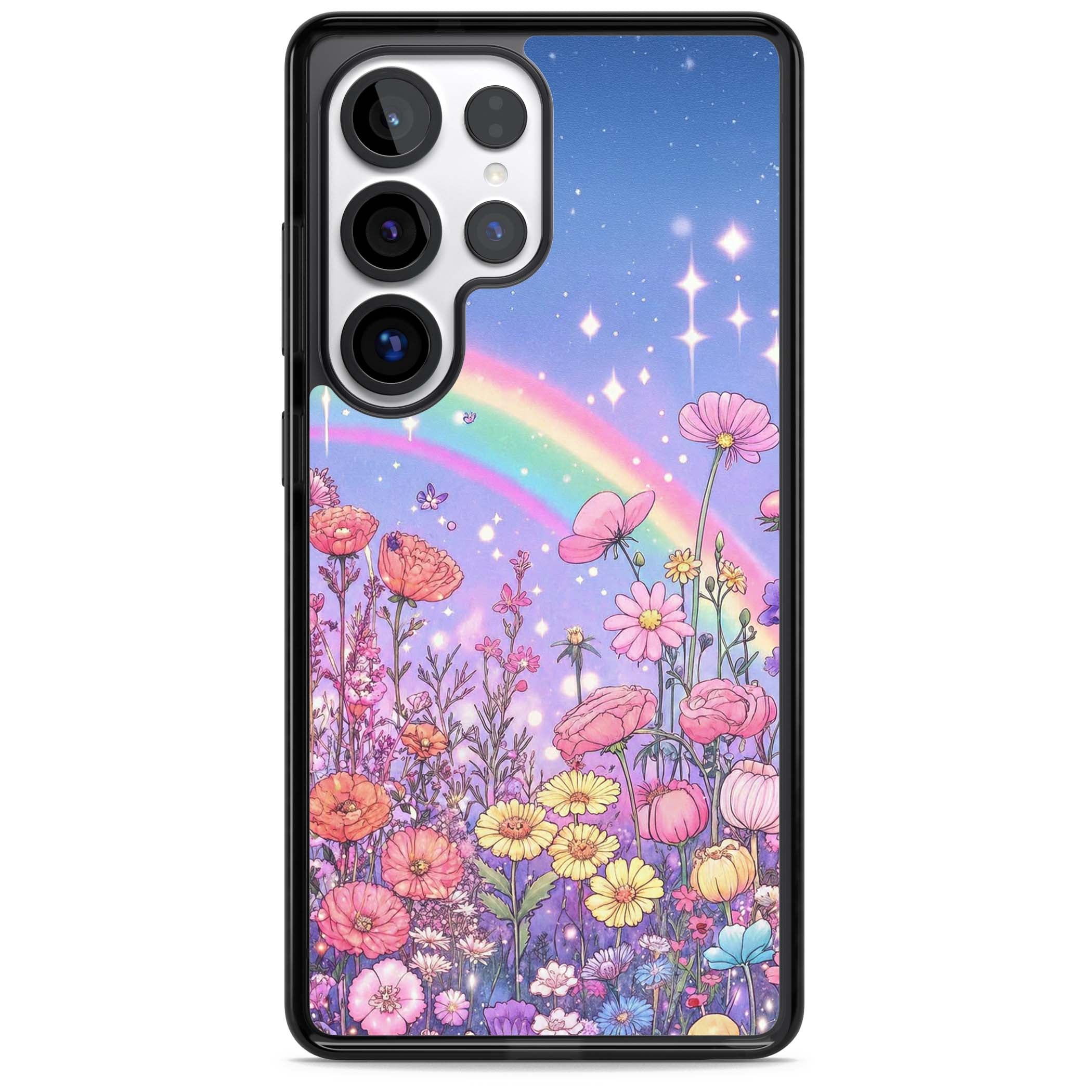 Magical Meadow fairycore iPhone case featuring a pastel rainbow, sparkling stars and a wildflower meadow | Black Impact case for Samsung Galaxy S25 Ultra