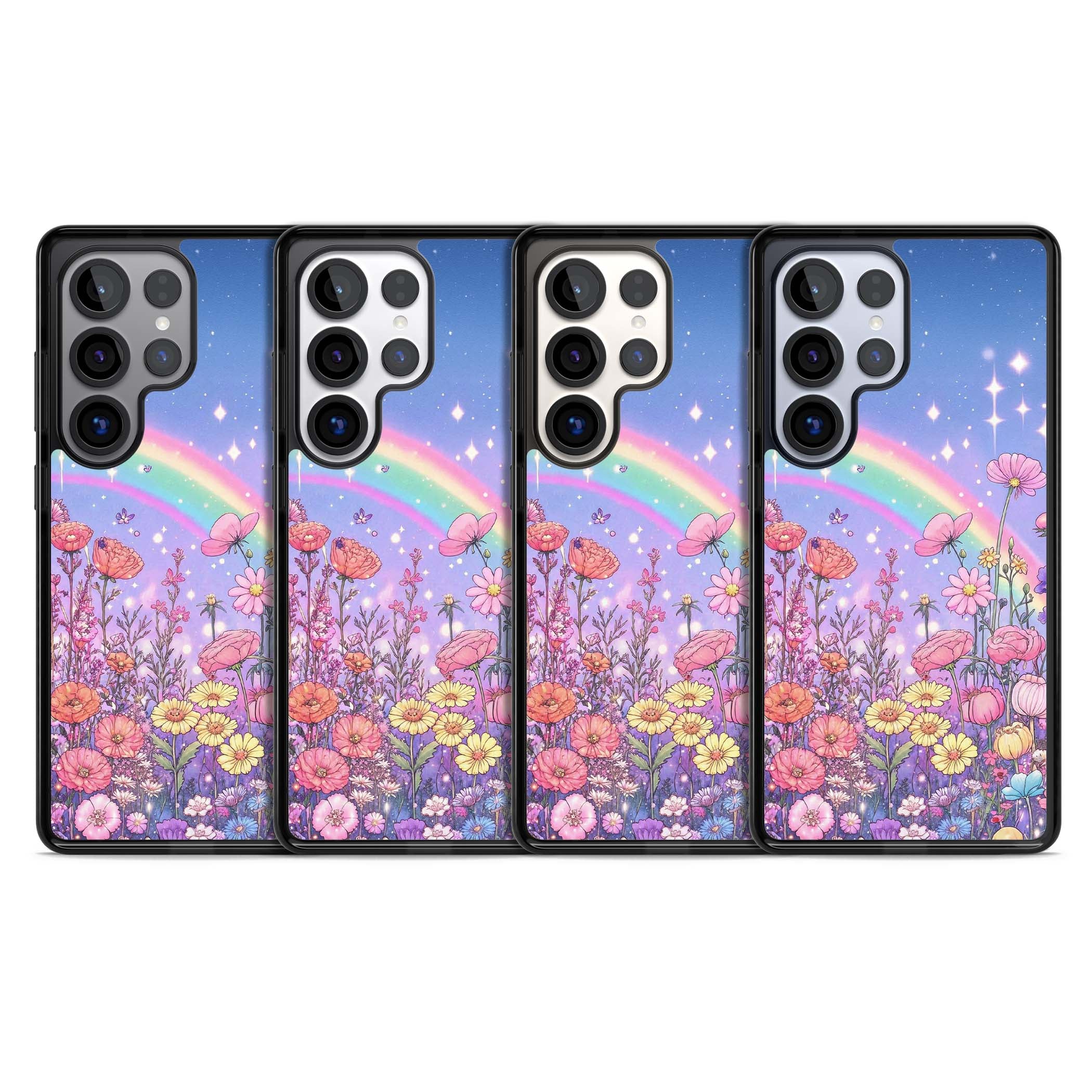 Magical Meadow fairycore iPhone case featuring a pastel rainbow, sparkling stars and a wildflower meadow | Black Impact case for Samsung Galaxy S25 Ultra