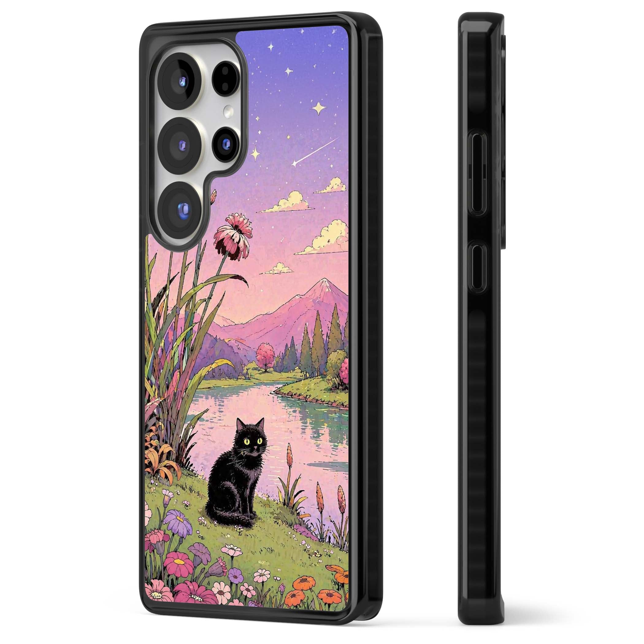 Mystic Whiskers ghibli iPhone case featuring a black cat by a pastel lake, wildflowers and a starry sunset sky | Black Impact case for Samsung Galaxy S25 Ultra