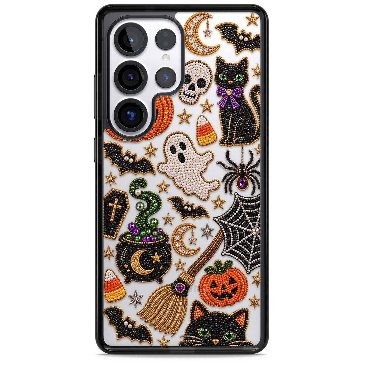 Beaded Halloween Halloween iPhone case featuring beaded pumpkins, ghosts, black cats and bats | Black Impact case for Samsung Galaxy S25 Ultra