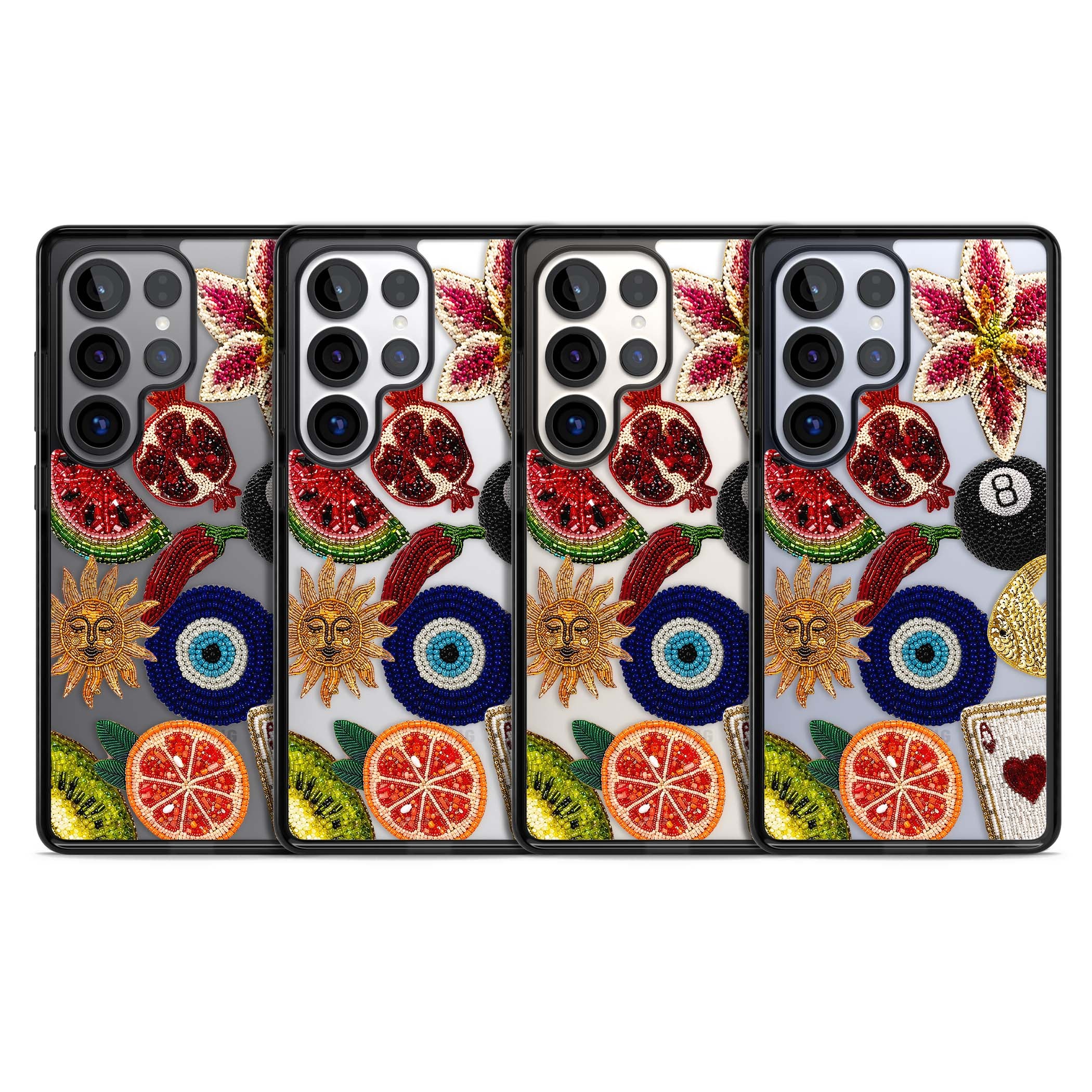 Beaded Charms embroidery iPhone case featuring beaded evil eye, fruit patches and a golden sun motif | Black Impact case for Samsung Galaxy S25 Ultra