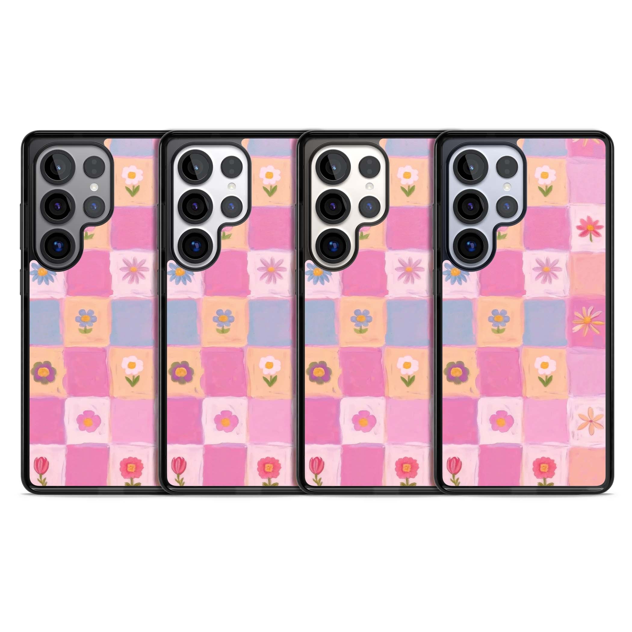 Pastel Flower Patchwork cottagecore iPhone case featuring painted pink and lilac squares with daisies and wildflowers | Black Impact case for Samsung Galaxy S25 Ultra