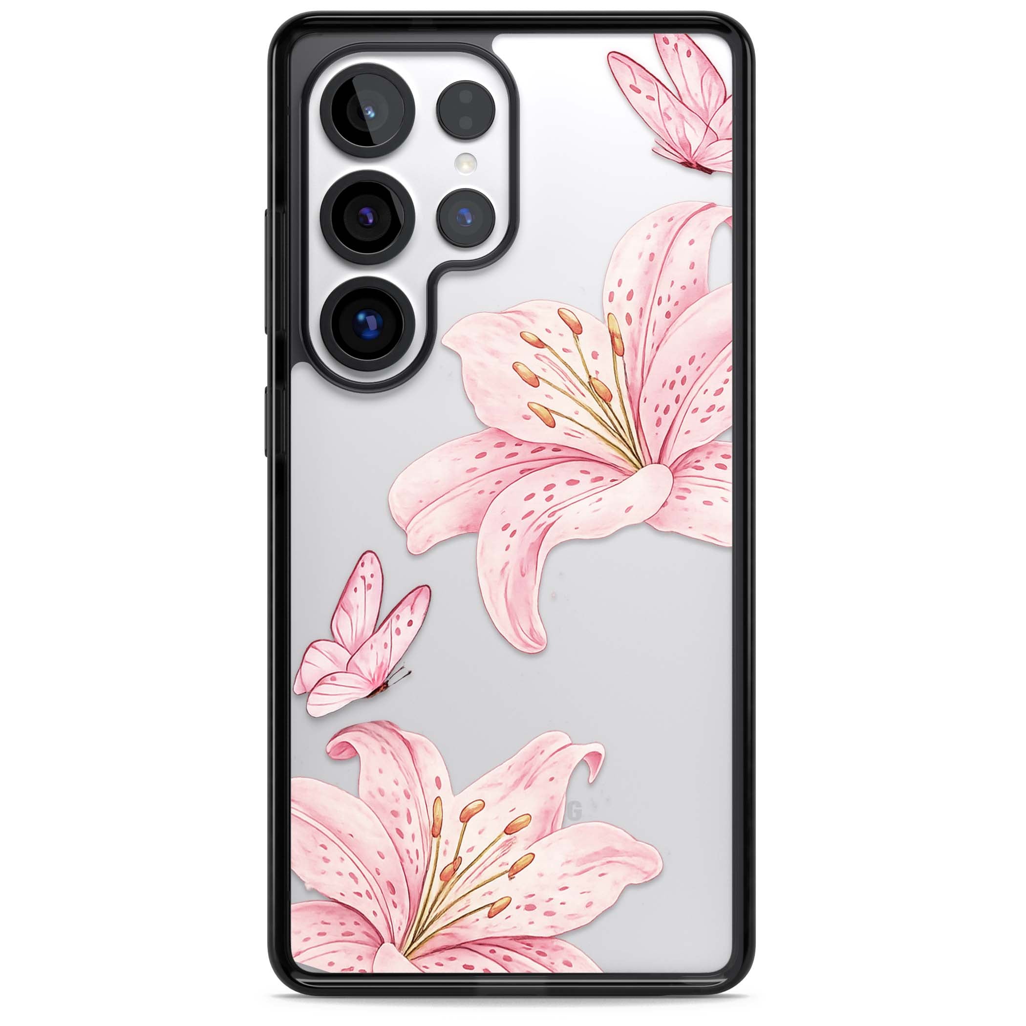 Lily Whisper floral iPhone case featuring pink watercolour lilies and delicate butterflies on a clear background | Black Impact case for Samsung Galaxy S25 Ultra