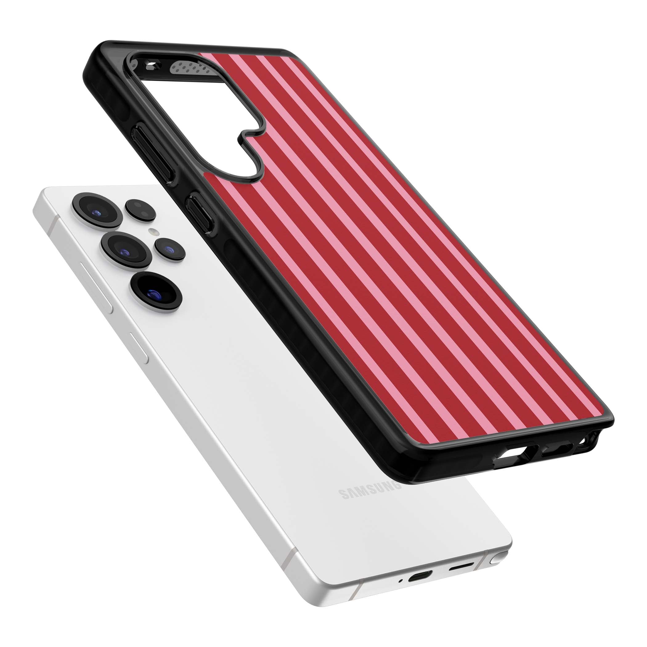 Raspberry Stripe coquette iPhone case featuring red and pink vertical stripes in a candy-inspired pattern | Black Impact case for Samsung Galaxy S25 Ultra