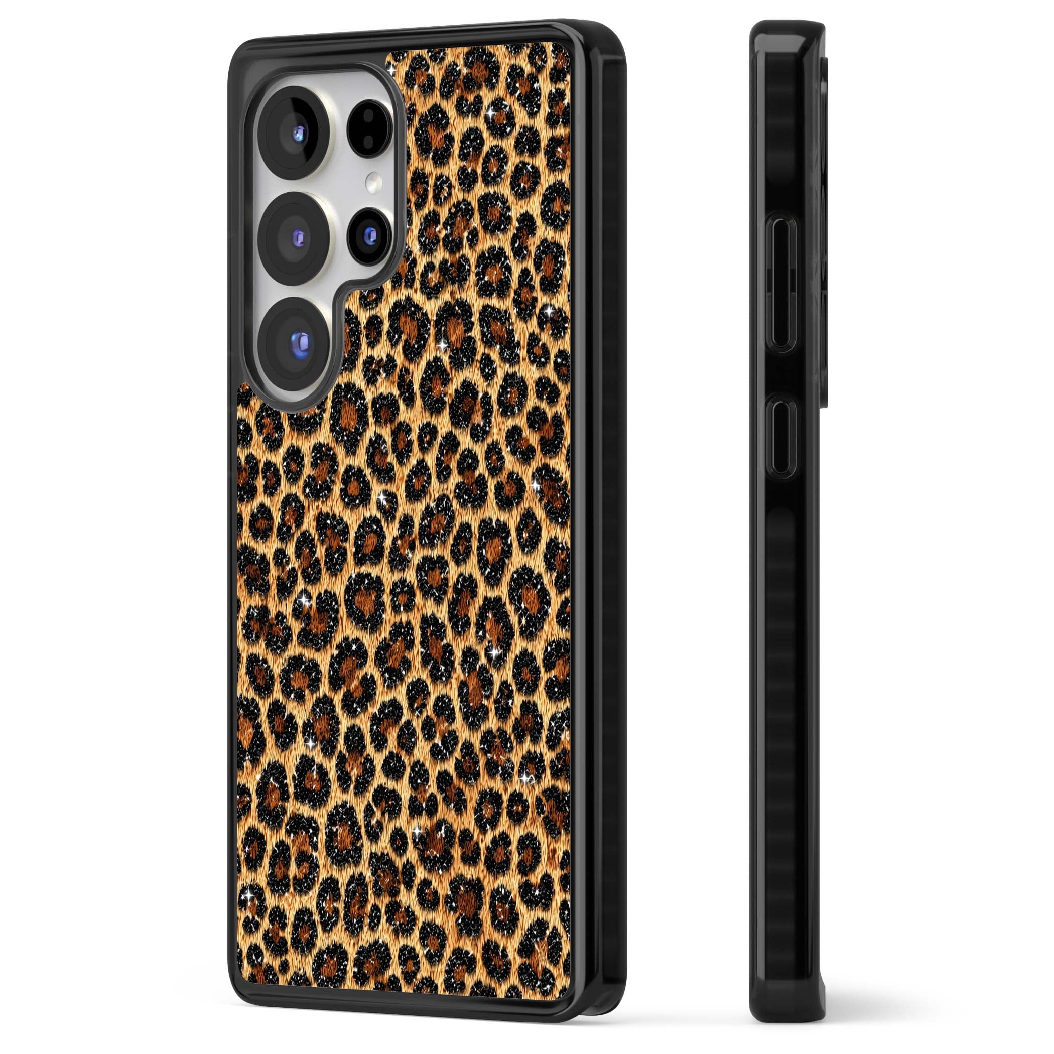 Diamond Leopard leopard print iPhone case featuring golden tan fur, black rosette spots and subtle glitter sparkle | Black Impact case for Samsung Galaxy S25 Ultra