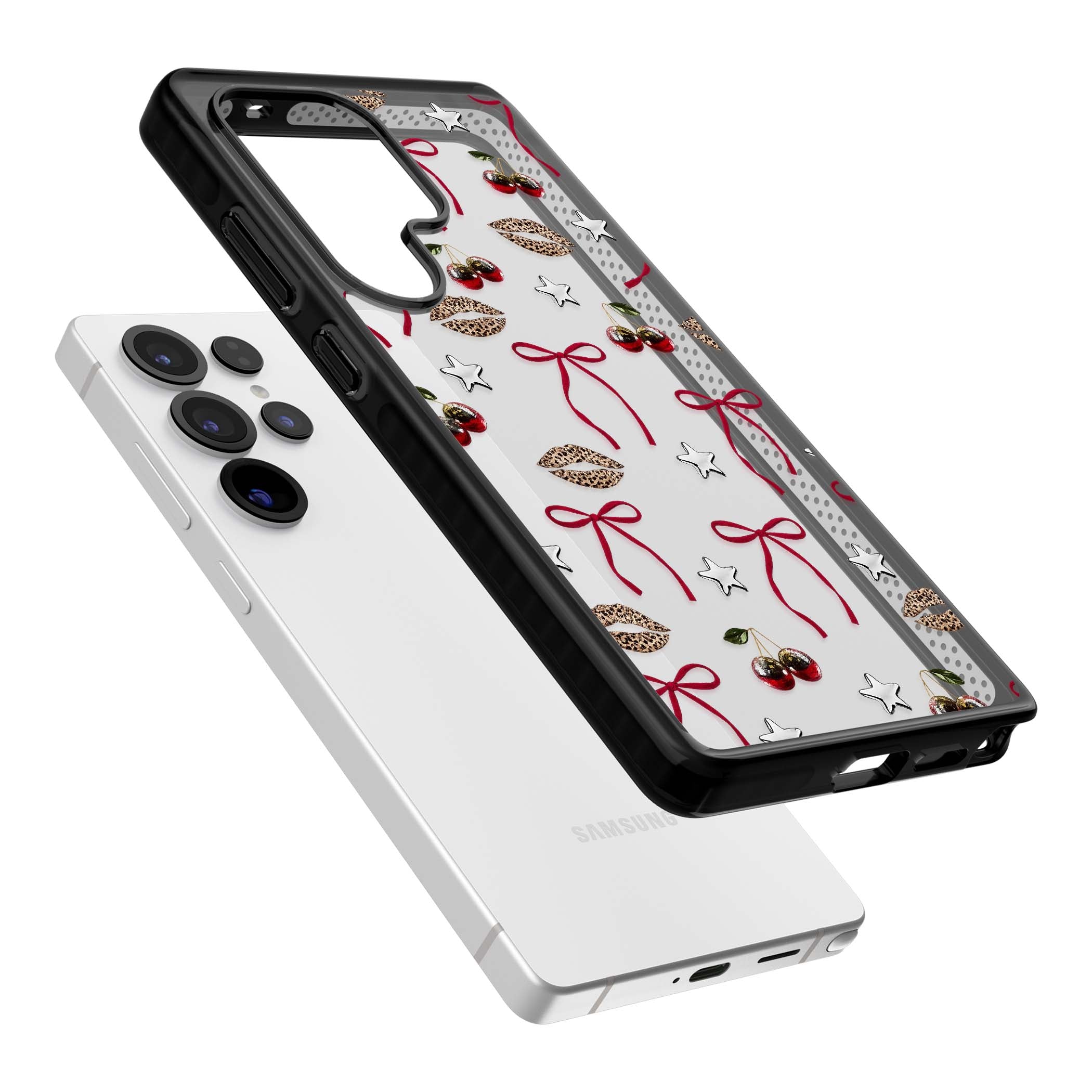 Starlet coquette iPhone case featuring red ribbon bows, disco cherries and leopard-print lips | Black Impact case for Samsung Galaxy S25 Ultra