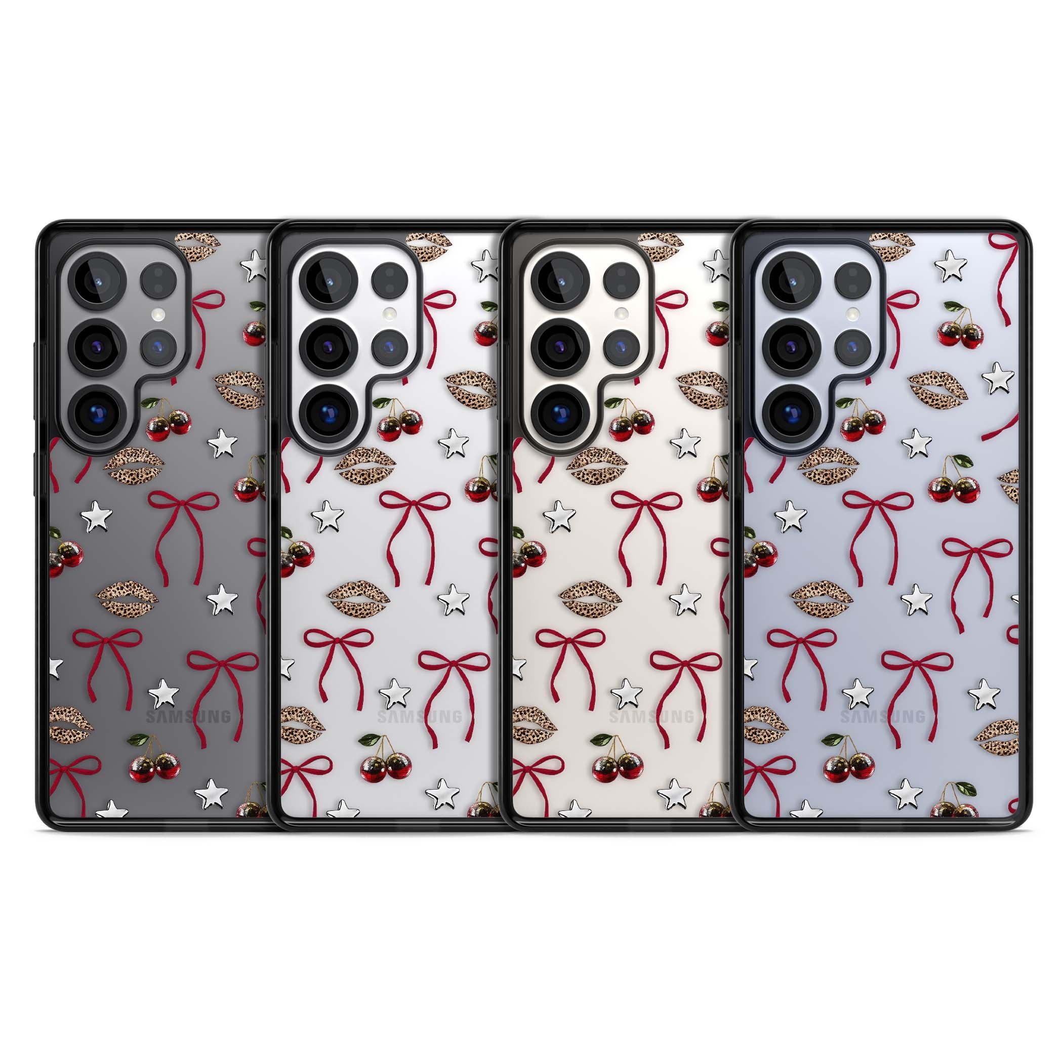 Starlet coquette iPhone case featuring red ribbon bows, disco cherries and leopard-print lips | Black Impact case for Samsung Galaxy S25 Ultra