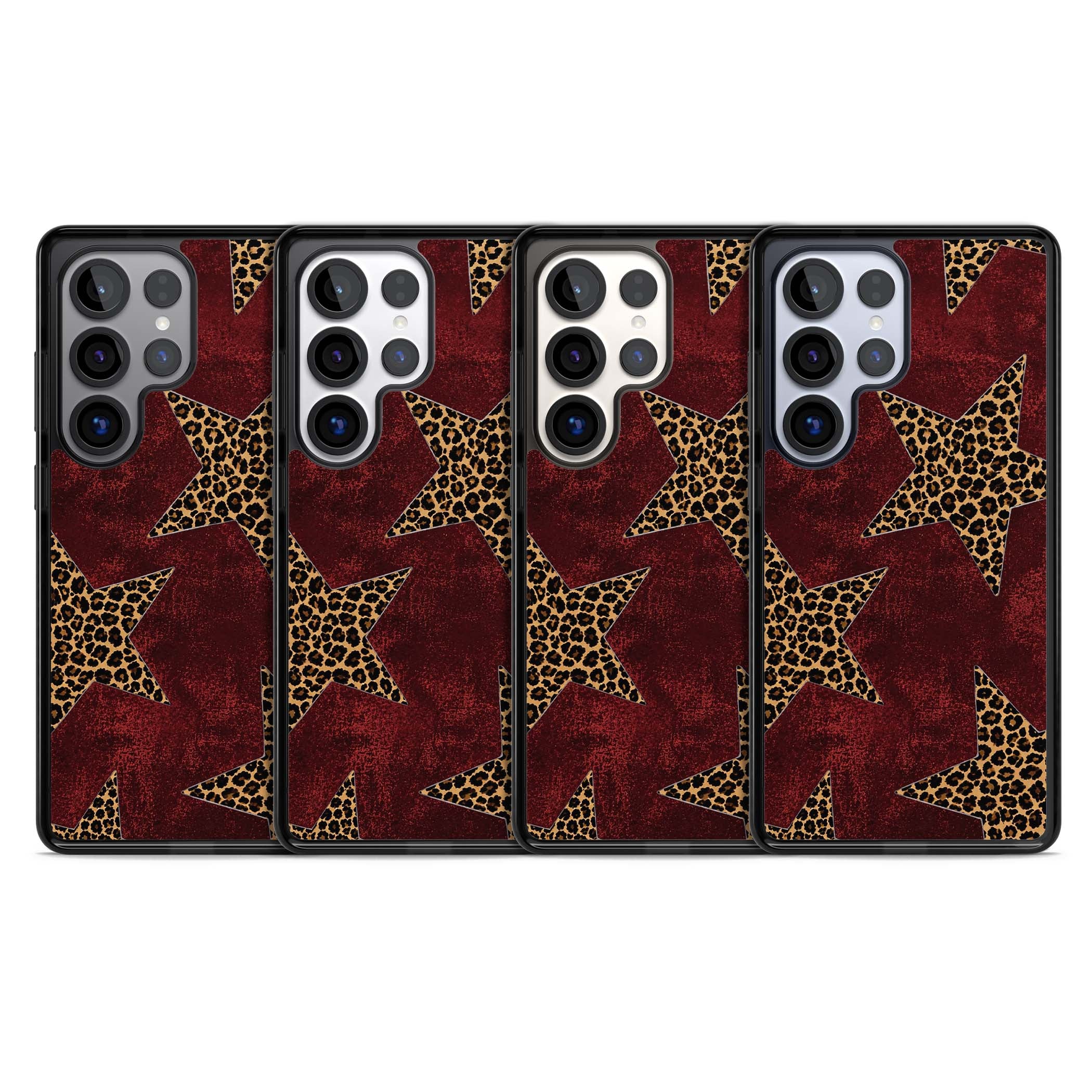 Showgirl leopard print iPhone case featuring cheetah print stars on distressed red grunge background | Black Impact case for Samsung Galaxy S25 Ultra