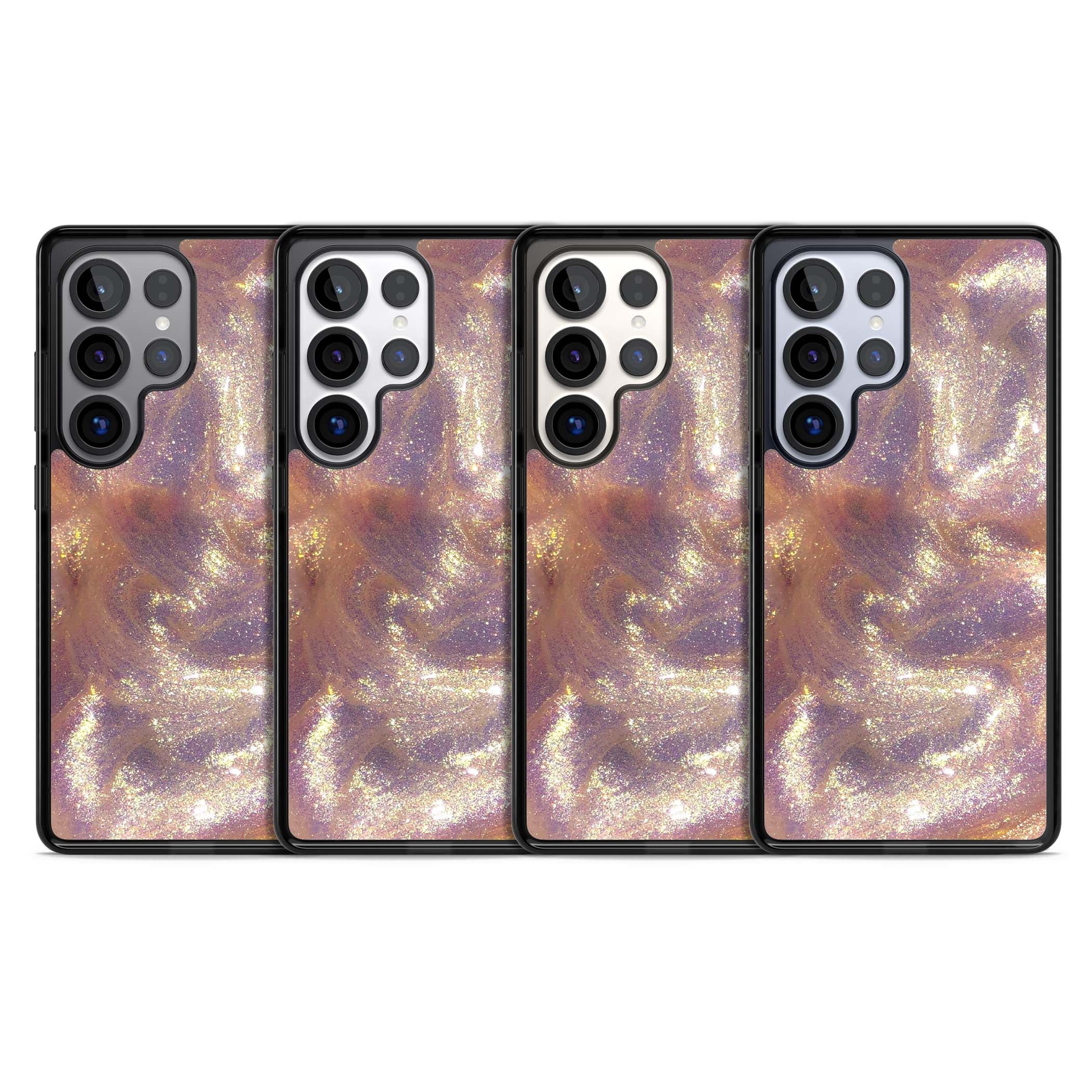 Shimmer marble iPhone case featuring rose gold glitter swirls, lilac shimmer and iridescent pearl finish | Black Impact case for Samsung Galaxy S25 Ultra